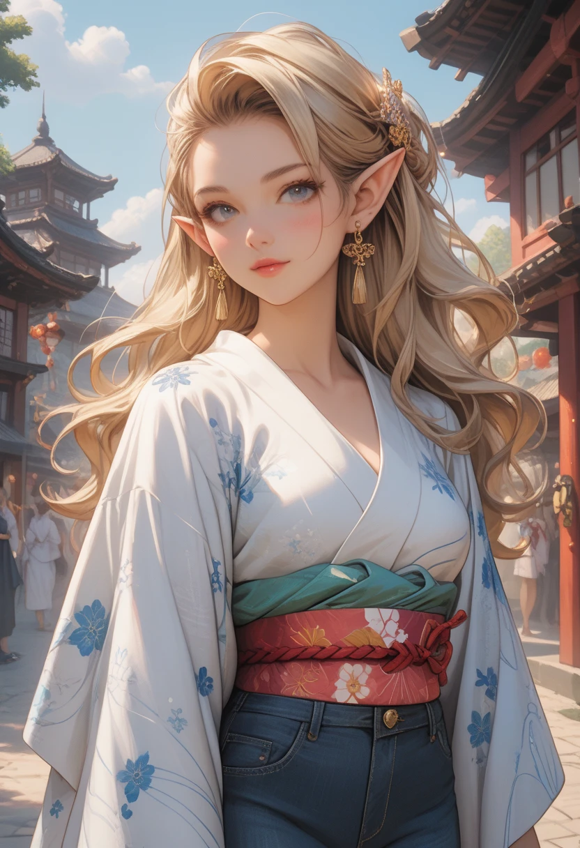 (masterpiece, best quality), 1girl, beautiful face, beautiful body, elf girl using kimono, earrings, denim, belt