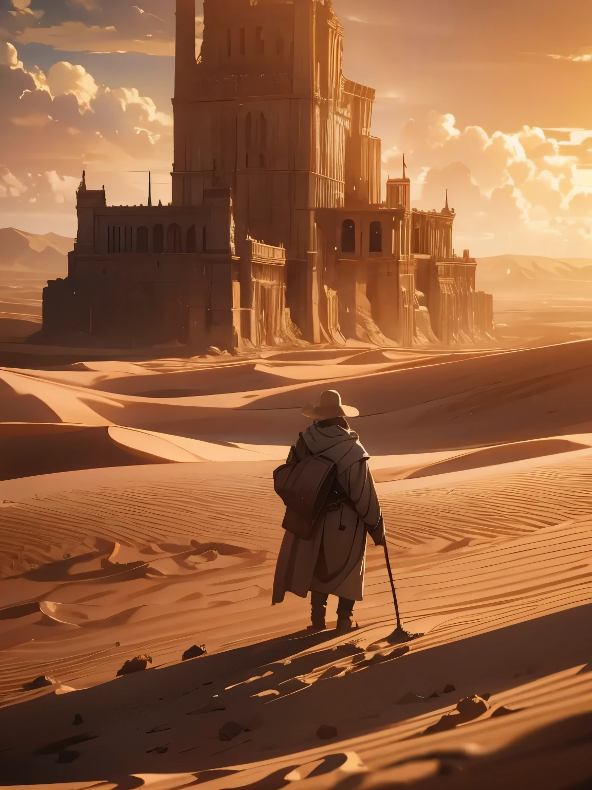 a lone traveler in a vast desert, weathered old man, golden hour, dramatic lighting, cinematic, moody atmosphere, cinematic composition, photorealistic, highly detailed, award winning photograph, stunning landscape, epic scale, dramatic shadows, gorgeous lighting, vibrant colors, photographic realism, masterful rendering, awe-inspiring, breathtaking, dramatic tension, solitary figure, rugged terrain, endless horizon, natural beauty, environmental portrait, cinematic framing, masterful depth of field, exquisite details, stunning realism, striking contrast, evocative mood