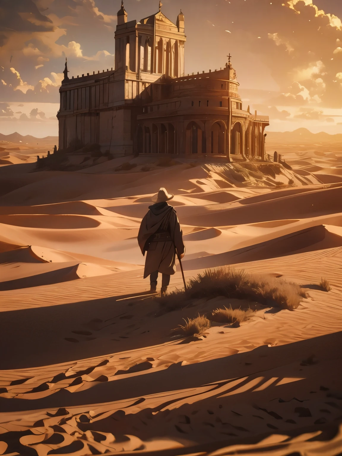 a lone traveler in a vast desert, weathered old man, golden hour, dramatic lighting, cinematic, moody atmosphere, cinematic composition, photorealistic, highly detailed, award winning photograph, stunning landscape, epic scale, dramatic shadows, gorgeous lighting, vibrant colors, photographic realism, masterful rendering, awe-inspiring, breathtaking, dramatic tension, solitary figure, rugged terrain, endless horizon, natural beauty, environmental portrait, cinematic framing, masterful depth of field, exquisite details, stunning realism, striking contrast, evocative mood