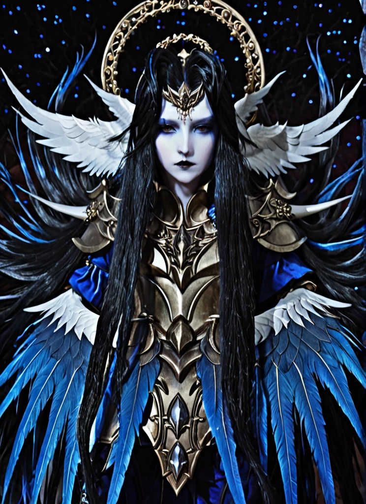 1girl,  solo,  armor,  male focus,  black hair,  black lips,  blue skin,  endsinger,  fantasy,  head wings,  long hair,  looking at viewer,  night,  night sky,  orb,  pale skin,  pointy ears,  wings, 