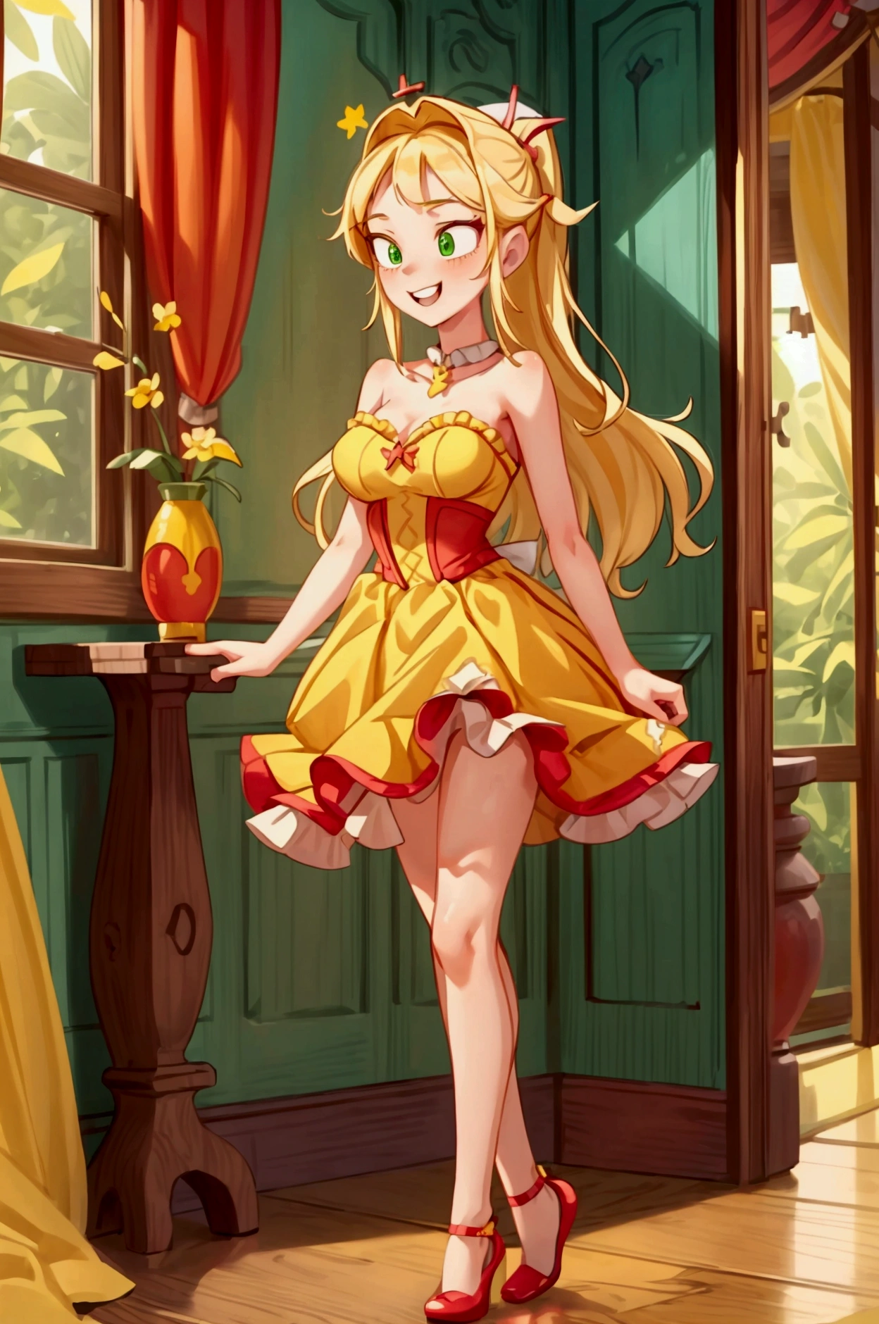 (Masterpiece, best quality) 1 girl, standing indoors with intricate details and sunlight, red and yellow frilled dress with short neckline, red shoes, blonde long hair, green eyes, sexy smile, teeth showing, sexy pose, coquette, confidense acttitude, beautiful long legs, mature teen girl, gorgeous body, pronounced breasts.