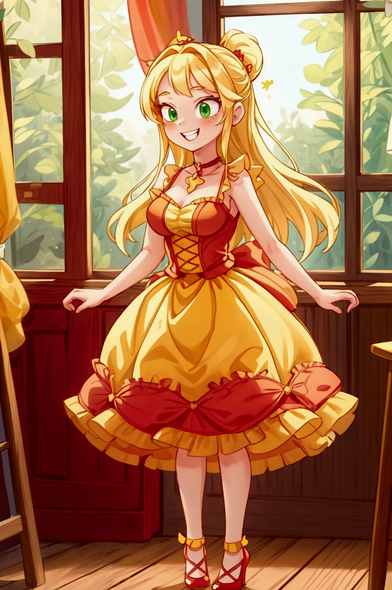 (Masterpiece, best quality) 1 girl, standing indoors with intricate details and sunlight, red and yellow frilled dress with short neckline, red shoes, blonde long hair, green eyes, sexy smile, teeth showing, sexy pose, coquette, confidense acttitude, beautiful long legs, mature teen girl, gorgeous body, pronounced breasts.