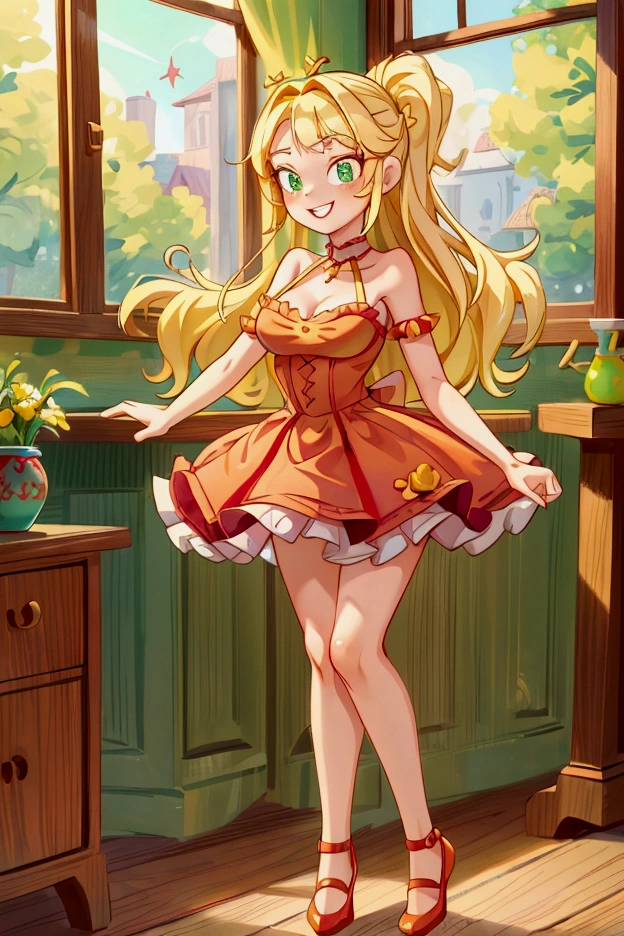 (Masterpiece, best quality) 1 girl, standing indoors with intricate details and sunlight, red and yellow frilled dress with short neckline, red shoes, blonde long hair, green eyes, sexy smile, teeth showing, sexy pose, coquette, confidense acttitude, beautiful long legs, mature teen girl, gorgeous body, pronounced breasts.