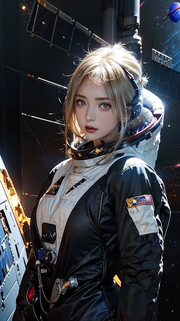 woman ,Golden white hair, blue eyes,,,((Black space suit:1.4)),((Upper Body))