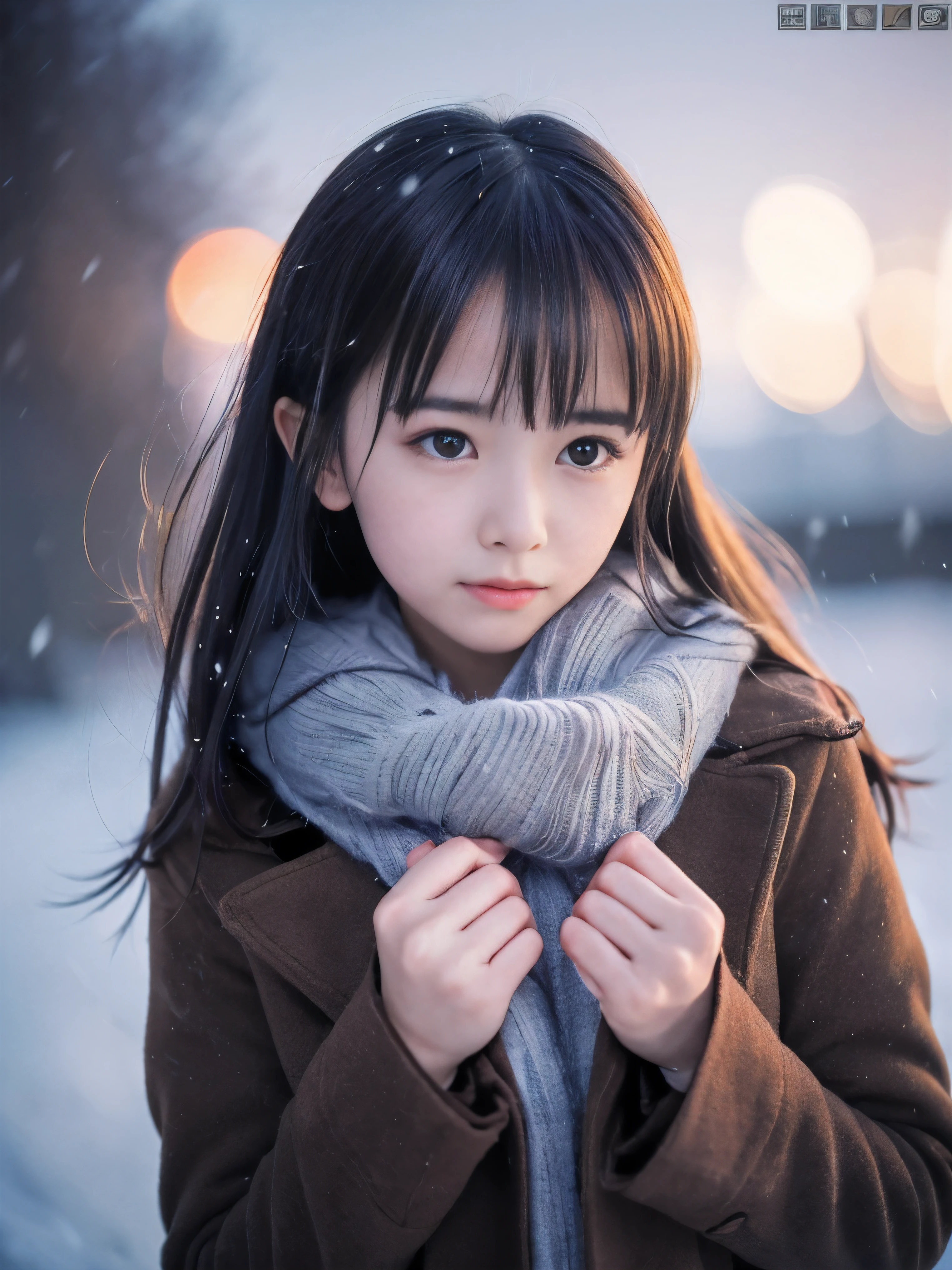 (Close-up face shot of one slender small breasts half up brown long hair with bangs girl in a winter long coat and scarf:1.5)、(One girl is crying with tears in the midnight:1.5)、(Heavy snowing night:1.5)、(blurred background:1.5)、(Natural light:1.5)、(8k ultra detailed master piece:1.5)、(perfect anatomy:1.5)、(Photorealistic stick:1.5)、(Raw photo:1.3)、(highest quality:1.5)、(High resolution:1.3)、(Delicate and beautiful perfect face:1.3)、(Delicate and beautiful eye air skin:1.3)、(Real Human Skin:1.3)、((thin legs))
