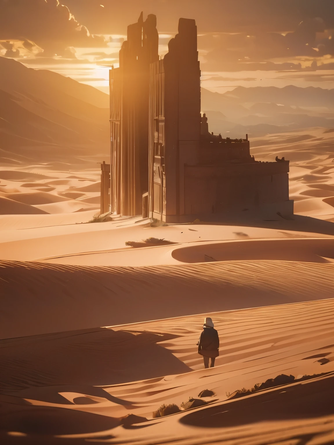 a lone traveler in a vast desert, weathered old man, golden hour, dramatic lighting, cinematic, moody atmosphere, cinematic composition, photorealistic, highly detailed, award winning photograph, stunning landscape, epic scale, dramatic shadows, gorgeous lighting, vibrant colors, photographic realism, masterful rendering, awe-inspiring, breathtaking, dramatic tension, solitary figure, rugged terrain, endless horizon, natural beauty, environmental portrait, cinematic framing, masterful depth of field, exquisite details, stunning realism, striking contrast, evocative mood