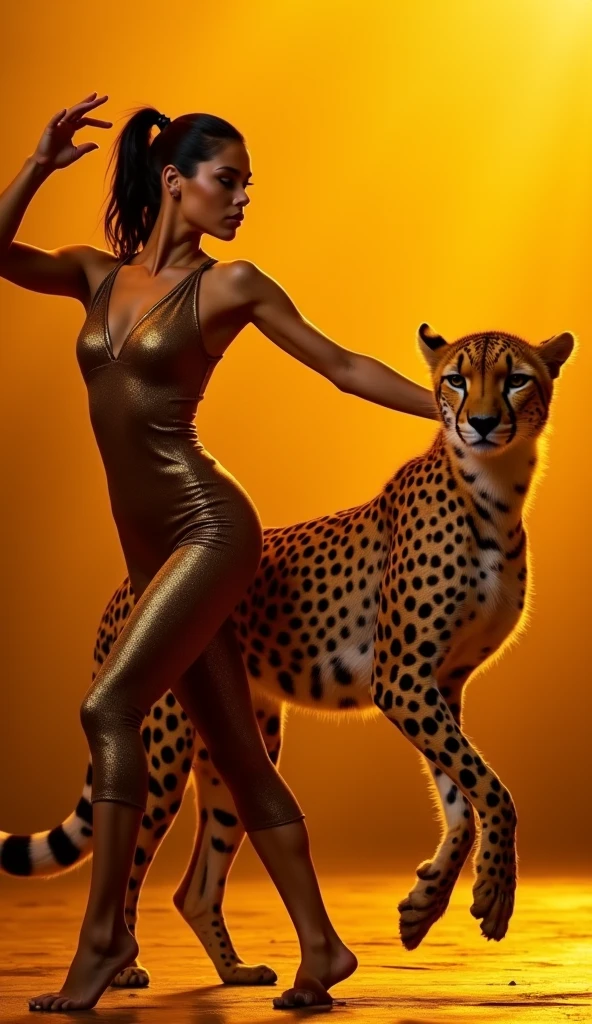 photoillustrasion of double exposure of merged, a cheetah, a muscle-man (transparency effect of  man images fit on cheetah), seamless mix, texture and pattern, tranparency effect, dramatic shadows, dramatic lights, interlacing elements, fit-image on her red-cheongsam-dress, side view, fantasy art, digital manipulated photo art