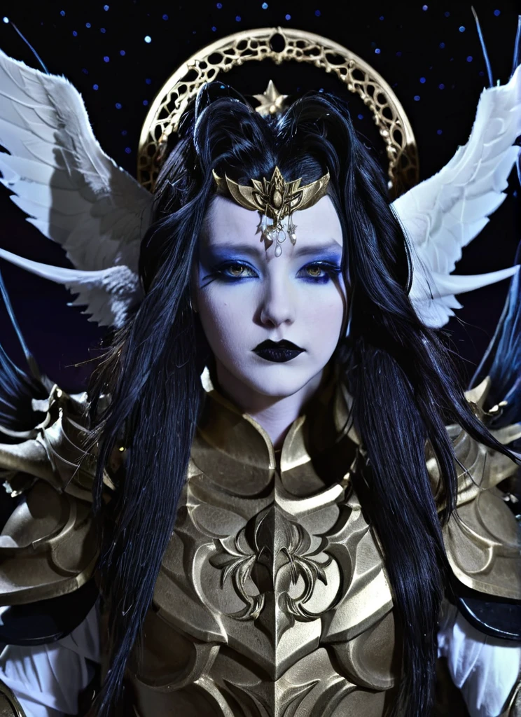 1girl,  solo,  armor,  male focus,  black hair,  black lips,  blue skin,  endsinger,  fantasy,  head wings,  long hair,  looking at viewer,  night,  night sky,  orb,  pale skin,  pointy ears,  wings, 