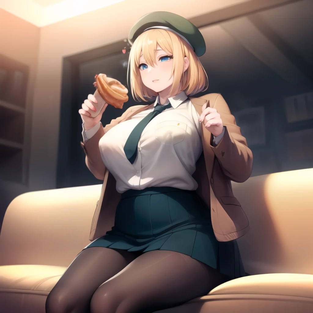 (masterpiece, best quality:1.2),illustration,8k,hd,1girl,solo,cowboy shot,large breasts,long hair,fringe,blue eyes,blonde hair,hair between eyes,green eyes,pleated skirt,open jacket,miniskirt,shirt,necktie,black pantyhose,beret,chubby, eating croissant