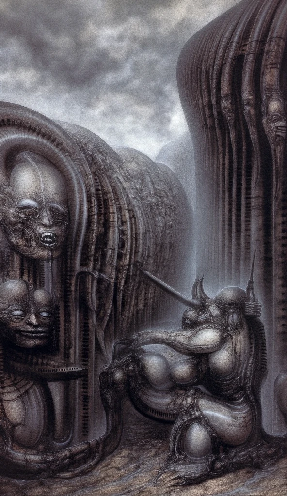 HRGGR, The image is a detailed view of H.R. Giger's biomechanical tableau \" Vlad Tepes \" plate, featuring The composition of Vlad Tepes shows an environment worked out in a way to give the impression of three dimensions.

 Group of  elongated humanoid figures with angsty face expressions
omething that looks like a vast walnut is being broken open at the base of the picture.

There are tall shadowy figures with ribbed serpentine bodies, one on the left is armed with a cross shaped spike, while the swirling forms of the river and the fog add a touch of dynamism and chaos. The use of a limited color palette, primarily shades of gray and black, contributes to the overall sense of foreboding and mystery. These structures could be overgrown with fleshy, organic forms, suggesting decay and
 corruption. Color Palette: A monochromatic palette of dark grays and blacks would create a sense of foreboding and mystery. Consider adding subtle hints of red or green to highlight certain details or to evoke a sense of decay. Lighting: Use dramatic lighting to create a sense of depth and atmosphere. A single, harsh light source could cast long, distorted shadows, adding to the overall sense of unease. Symbolism and Storytelling: The Curse: The skeletal figure could be depicted in a state of torment, perhaps clawing at its own flesh or contorted into an unnatural position. This could symbolize the physical and psychological suffering caused by the curse. The Labyrinth: The labyrinthine network of tubes and pipes could represent the labyrinthine nature of the curse itself, trapping the victim in an endless cycle of suffering. The Unmaskable: The figure's face could be obscured by a mask or a veil, symbolizing the hidden nature of the curse and its enduring power.  Sharp focus on foreground elements illustration. Deep and delicate DOF. Big painting. Stored in Louvre masterpiece, ooze soaked pajama top