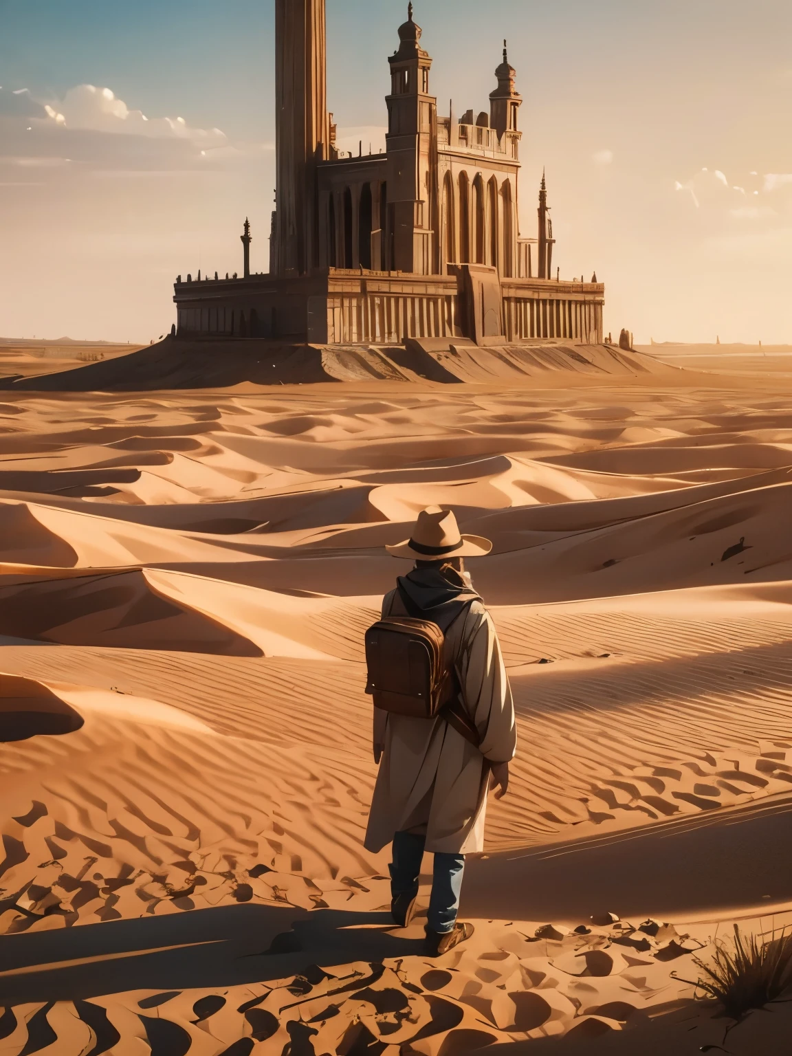  A solo traveler traveling through a vast desert、old old man 、 golden hour、 dramatic lighting 、 Movie-like 、 Gloomy Atmosphere 、 Movie-like 構成、Realistic、 very detailed、 Award-Winning Photos 、 Amazing Scenery、Epic Scale、 Dramatic Shadows 、Gorgeous lighting、 bright color、 Photographic Realism 、A stunning depiction、 Awe-inspiring 、Breathtaking、 Dramatic Tension 、Lonely Person、Rugged terrain、 Endless Horizon 、natural beauty、Environmental Portrait 、 Movie-like フレーミング、Stunning depth of field 、Exquisite details、 Stunning realism 、 Impressive Contrast 、An exciting atmosphere