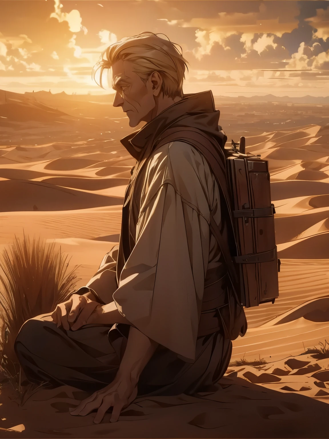  A solo traveler traveling through a vast desert、old old man 、 golden hour、 dramatic lighting 、 Movie-like 、 Gloomy Atmosphere 、 Movie-like 構成、Realistic、 very detailed、 Award-Winning Photos 、 Amazing Scenery、Epic Scale、 Dramatic Shadows 、Gorgeous lighting、 bright color、 Photographic Realism 、A stunning depiction、 Awe-inspiring 、Breathtaking、 Dramatic Tension 、Lonely Person、Rugged terrain、 Endless Horizon 、natural beauty、Environmental Portrait 、 Movie-like フレーミング、Stunning depth of field 、Exquisite details、 Stunning realism 、 Impressive Contrast 、An exciting atmosphere