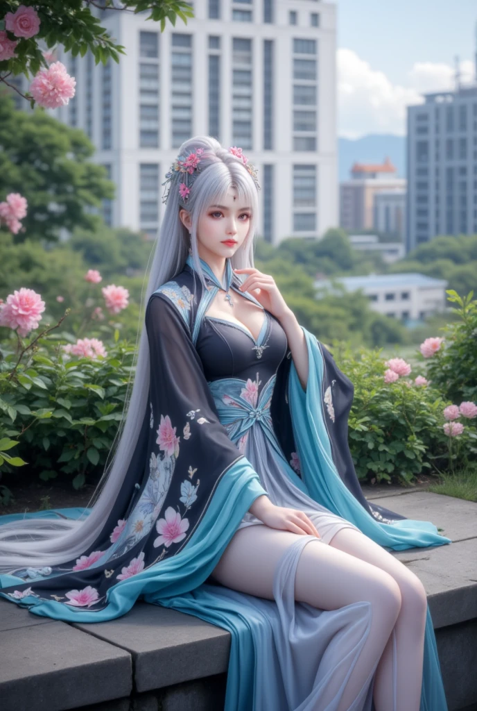 1girl,white hair,(white veil:1.5),photograph, young woman with long purple hair, wearing a black and blue floral qipao, sitting on a stone ledge, surrounded by lush green foliage and pink flowers, modern building in the background, serene and elegant atmosphere, soft natural light, delicate floral hair accessory, poised and contemplative expression, vibrant and vibrant colors.
