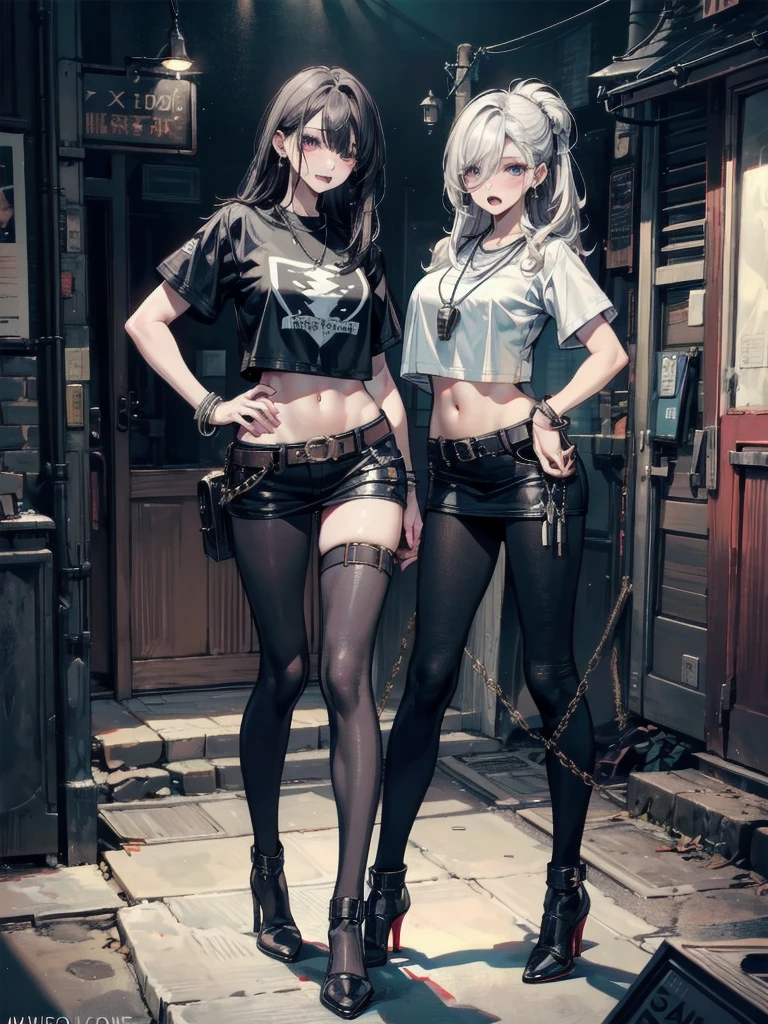2 Cute anime girls, twins, choker, torn trousers, gloves, tight top, torn jacket, military boots, brown and grey hair, medium hair, standing in abandoned destroyed city covered with vegetation, sunset between buildings, dirty skin, wounds on belly and arms, accent on faces, a lot of details, 4k, 8k, cute, soft, bellybuttons, injured.
