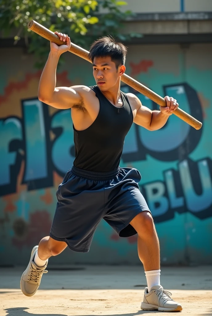Man with a stick in his hand and a ball on the ground 