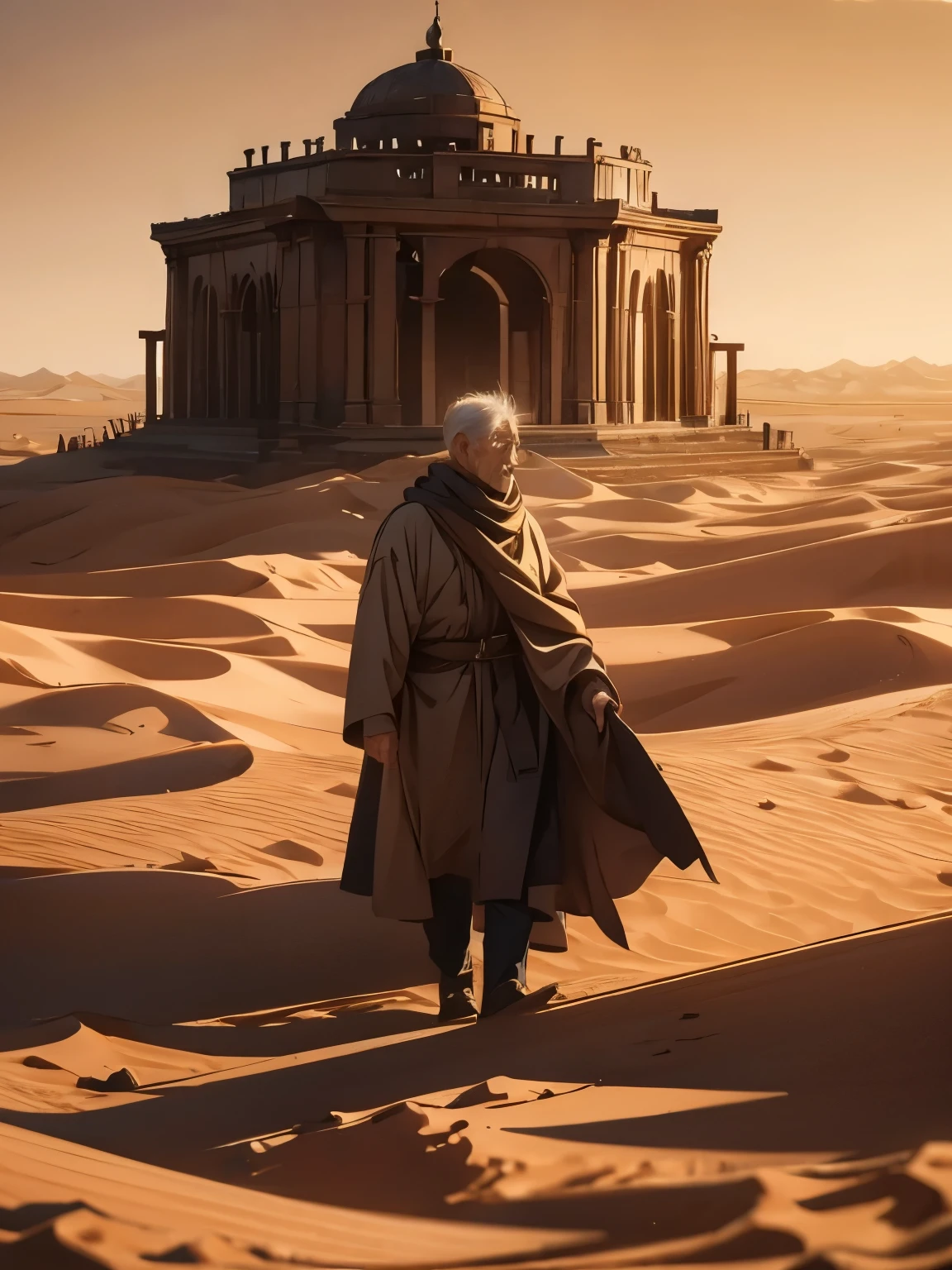  A solo traveler traveling through a vast desert、old old man 、 golden hour、 dramatic lighting 、 Movie-like 、 Gloomy Atmosphere 、 Movie-like 構成、Realistic、 very detailed、 Award-Winning Photos 、 Amazing Scenery、Epic Scale、 Dramatic Shadows 、Gorgeous lighting、 bright color、 Photographic Realism 、A stunning depiction、 Awe-inspiring 、Breathtaking、 Dramatic Tension 、Lonely Person、Rugged terrain、 Endless Horizon 、natural beauty、Environmental Portrait 、 Movie-like フレーミング、Stunning depth of field 、Exquisite details、 Stunning realism 、 Impressive Contrast 、An exciting atmosphere