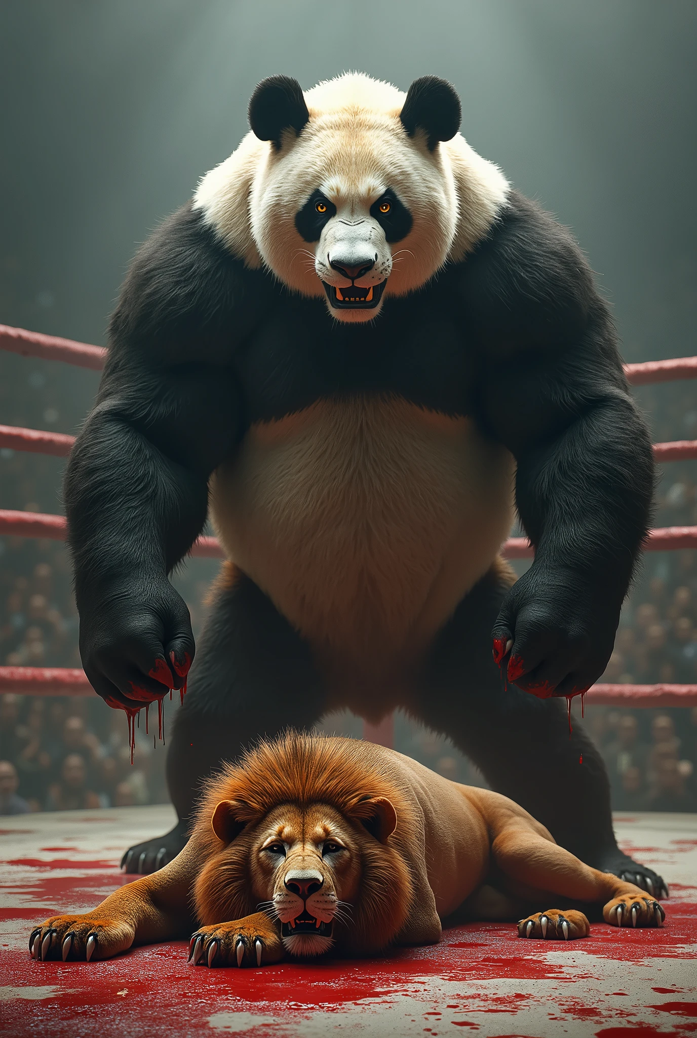 Bodybuilder white tiger and polar bear posing in side chest position and flexing in gym with grin face and big erect and sweat body.