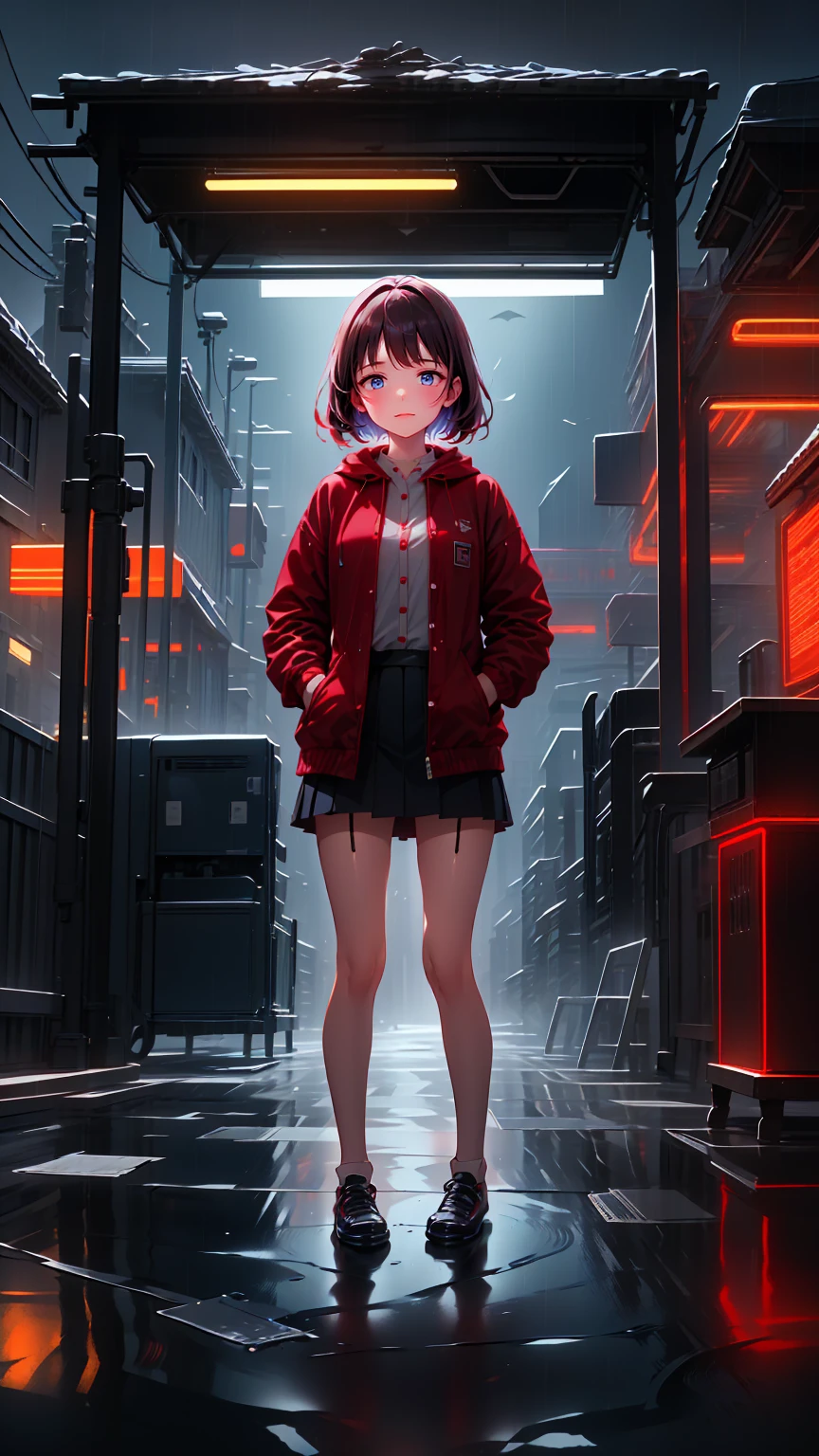 8k，masterpiece， top quality and best ， hyper-detailing ，Realistically，Realistically，  highly detailed face cleaning the pool， movie lights， movie lights， ray tracing，Hair without lighting ， Cloudy city，Corner store ，bus stop， torrential rain and heavy rain ， girl with long black hair and black eyes .。 she's wearing a red hooded jacket，white blouse ， black short skirt and black garter belt ，Rain-soaked clothes， black exposure ， depth of field tent  ）， Cinema Lens Lighting 
