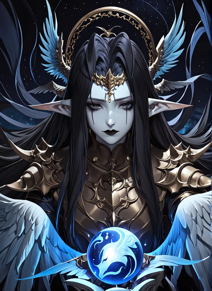 1girl,  solo,  armor,  male focus,  black hair,  black lips,  blue skin,  endsinger,  fantasy,  head wings,  long hair,  looking at viewer,  night,  night sky,  orb,  pale skin,  pointy ears,  wings, 