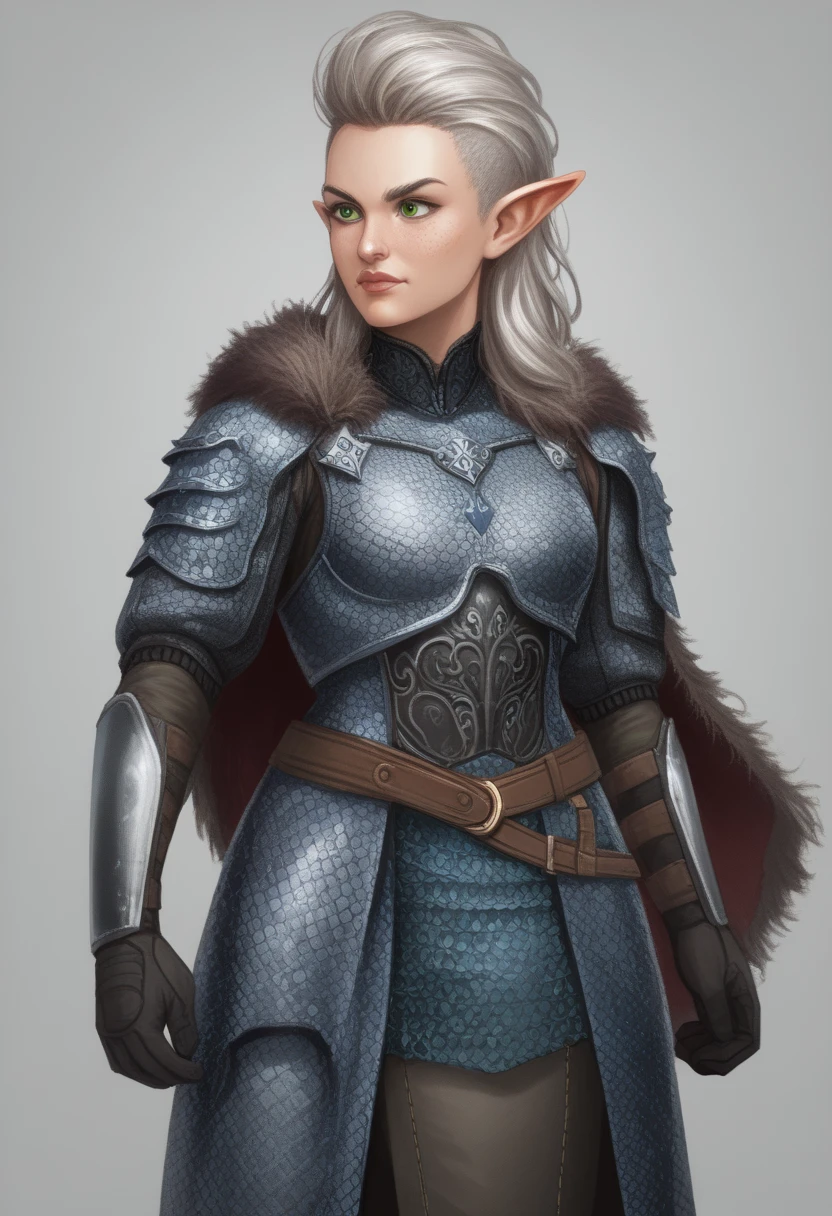 score_9, score_8_up, score_7_up, woman, simple background, dark background, green eyes, gorgeous, elf, fur outfit, black viking outfit, pale skin, solo, dark blue heavy armour, dark blue medieval armour, dark blue chainmail, mythril armour, elven ornaments, fur cloak, standing up straight, calm face, runic tattoos, silver hair, closed mouth, cowboy shot woman fighting, strong, wearing a sword , warrior, hair in the wind, big boobs, laufen, elf ears, long hair