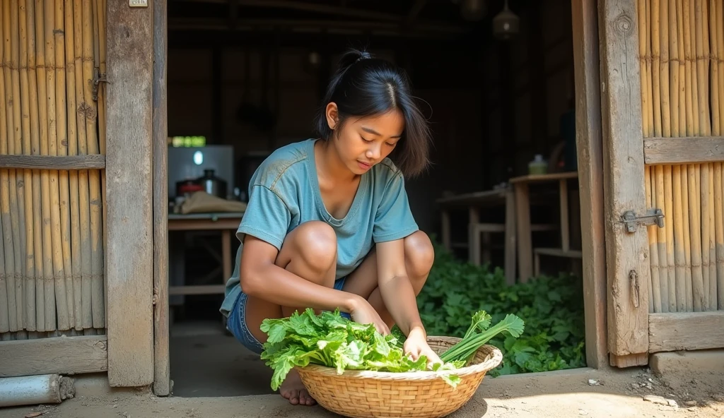 ((ultra-realistic photo)) [A -yeld Inesian girl with smooth, clean skin and delicate facial features sits crouched in front of a rustic wooden kitchen door. She is wearing a faded, light blue t-shirt that appears worn, dirty, and with small holes, reflecting her humble background. The girl is focused on cleaning green leafy vegetables, her hands carefully working with the fresh produce placed in a simple woven bamboo basket beside her. The kitchen door and surrounding walls are made of weathered bamboo weave, showing signs of age and dirt, adding to the authentic rural setting. The ground is uneven and dusty, with a few scattered leaves and debris. The midday sunlight filters gently through gaps in the bamboo walls, casting soft shadows and adding warmth to the scene. Behind her, the kitchen interior is visible, simple and cluttered, with rustic tools and utensils placed haphazardly. The image is rendered in ((8K HDR)), with highly detailed textures on the bamboo walls, the girl’s t-shirt, and the fresh vegetables, capturing the charm and simplicity of a traditional Indonesian village.]