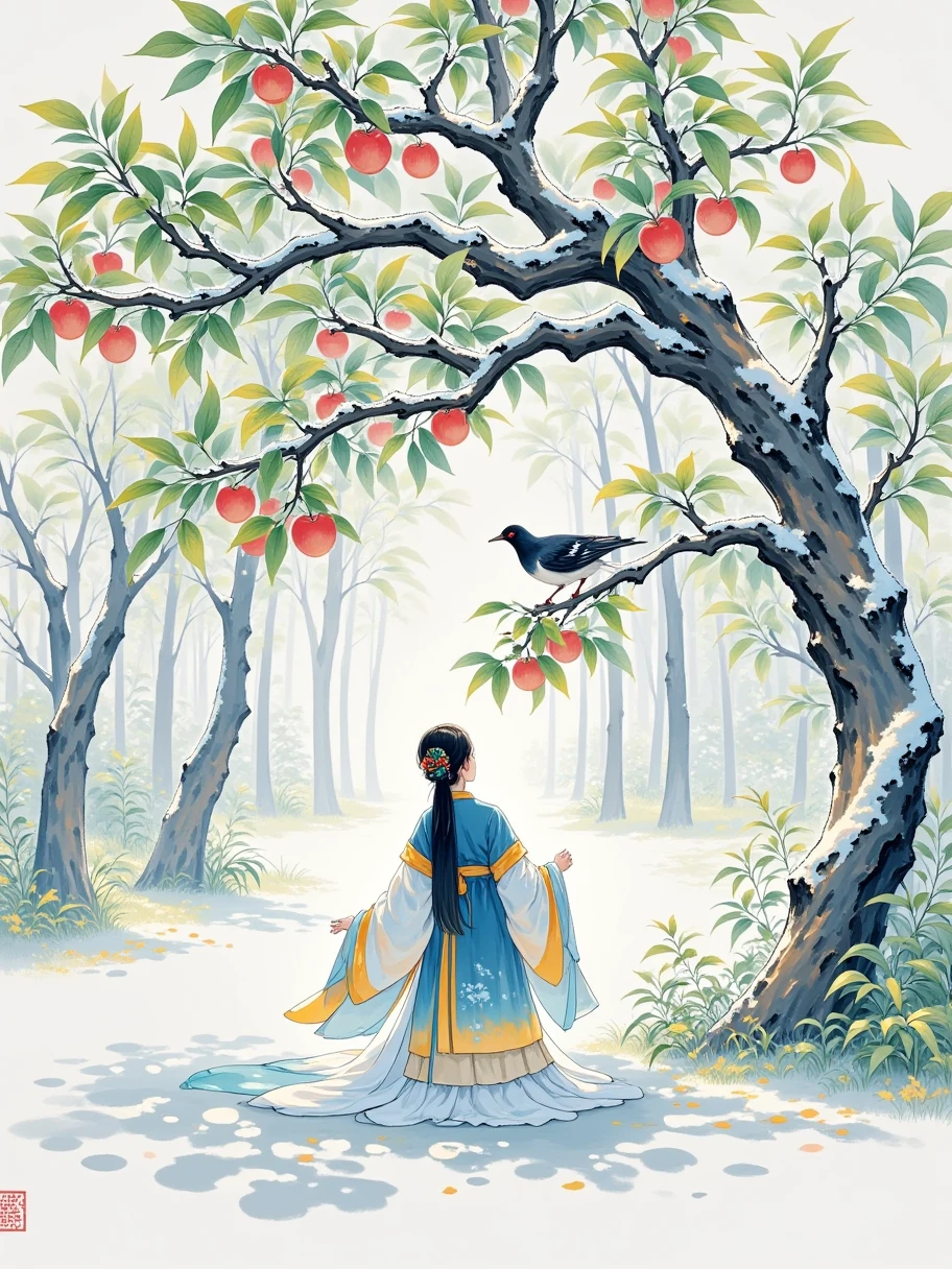 New Gongbi，Line Drawing，Chinese style， color soft ，cure， HD， Large areas of white ， a  in costume ，Standing under an apple tree ， looking up at the apples in the tree ， a magpie standing on an apple branch