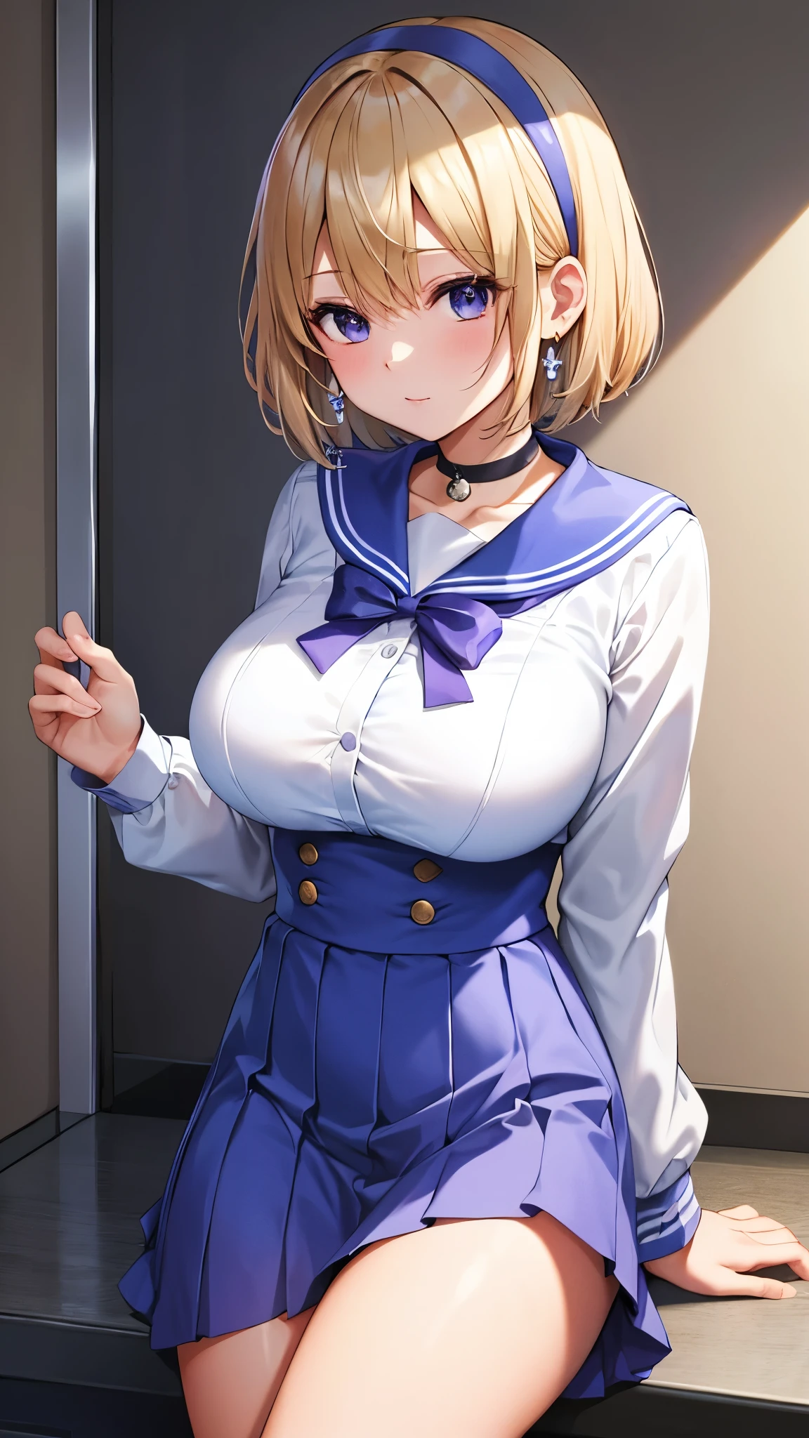 Umino Yuki 、 masterpiece ,  top quality、  top quality,(8k resolution),Beauty、(  looks like an adult), （  Sexy Perfect Style  ）、(  Big Breasts  )、  blonde bob cut、(White and blue sailor suit)、(  blue skirt)、(( Bring your chest closer ))、  purple eyes、 purple earrings 、 purple choker 、 Tall、 headband