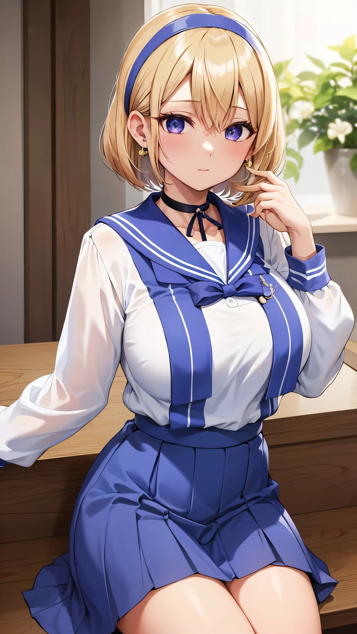 Umino Yuki 、 masterpiece ,  top quality、  top quality,(8k resolution),Beauty、(  looks like an adult), （  Sexy Perfect Style  ）、(  Big Breasts  )、  blonde bob cut、(White and blue sailor suit)、(  blue skirt)、(( Bring your chest closer ))、  purple eyes、 purple earrings 、 purple choker 、 Tall、 headband