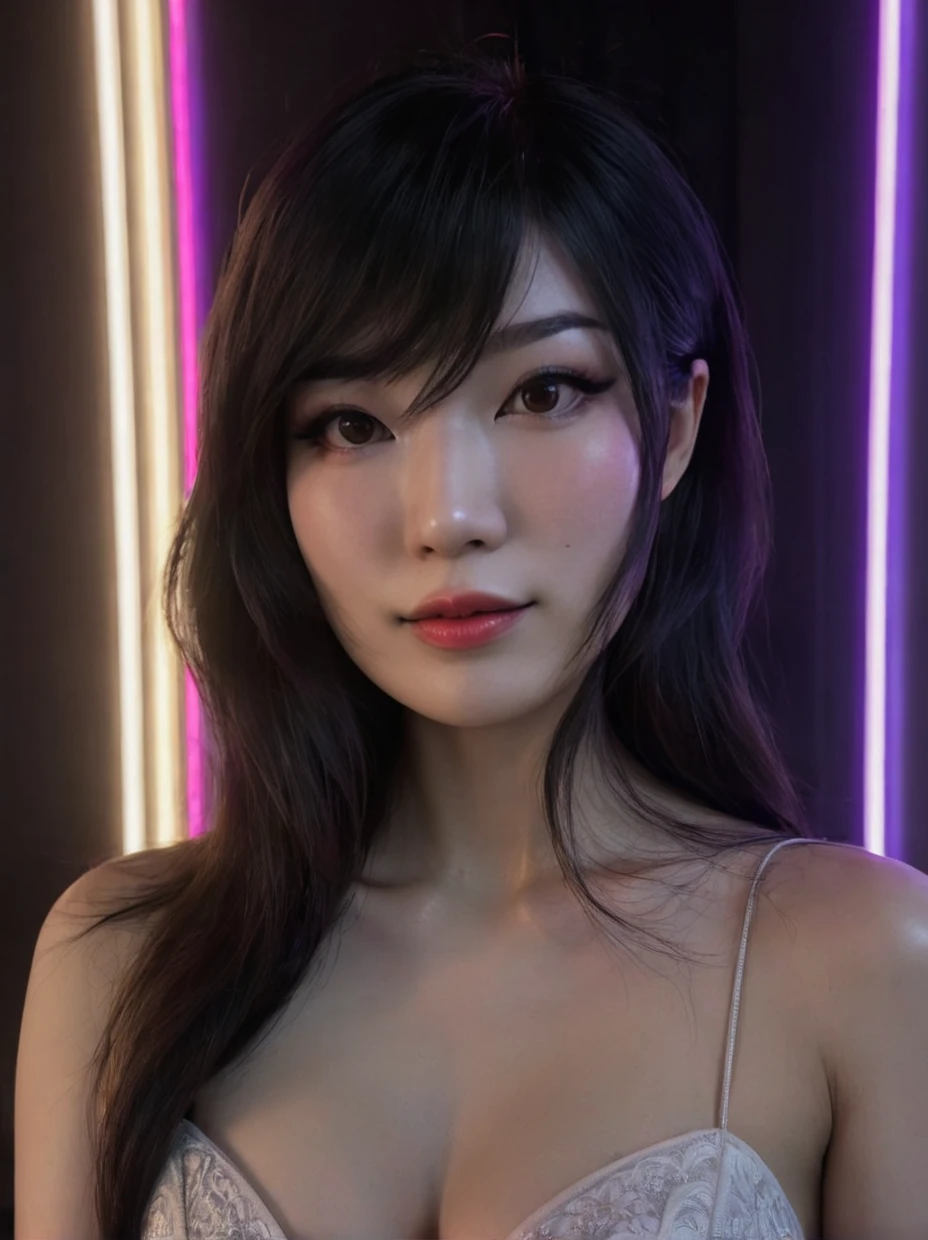 Cinema Lighting、(Key Light：Front 45 degree angle, Subsidy light、Backlight、Shadow、Blue and orange color palette), Accurate human body、Someone knowledgeable、Correct five-finger、RAW Photos、 4K - ultra-vivid、Highest quality, masterpiece, Ultra-high resolution, (reality: 1.4), 



(((Oilskin,Glowing Skin、Realistic skin texture、Beautiful skin in every detail、Shiny skin、Shiny skin)))、


Upper Body Shot, Low camera angle, Written boundary depth, Focus on the center, Beautiful Eyes, Perfect face and eyes、
jirai makeup girl、Hotel、Straight long hair with black hair、Shining neon lights、ガールズBar clerk、Bar clerk、Serve alcohol、The interior is equipped with neon lights and ultraviolet black lights.、cyber- 、Big and ample breasts、Big cleavage、The interior of the store is like a spaceship､(((Fully nude))),(((nsfw)))､((Pixie Cut:1.4)),((multicolored hair colors:1.2)),((With small breasts))