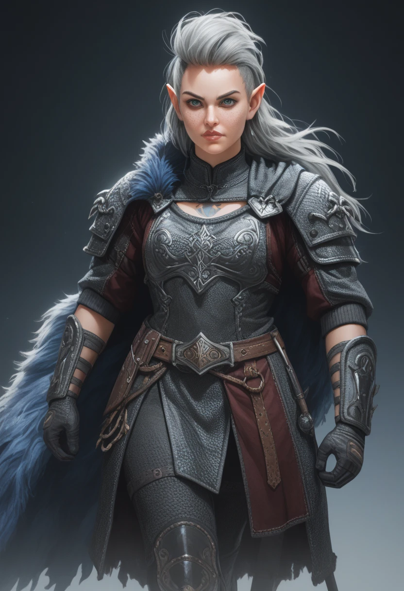 score_9, score_8_up, score_7_up, woman, simple background, dark background, green eyes, gorgeous, elf, fur outfit, black viking outfit, pale skin, solo, dark blue heavy armour, dark blue medieval armour, dark blue chainmail, mythril armour, elven ornaments, fur cloak, standing up straight, calm face, runic tattoos, silver hair, closed mouth, cowboy shot woman fighting, strong, wearing a sword , warrior, hair in the wind, big boobs, laufen, elf ears, long hair