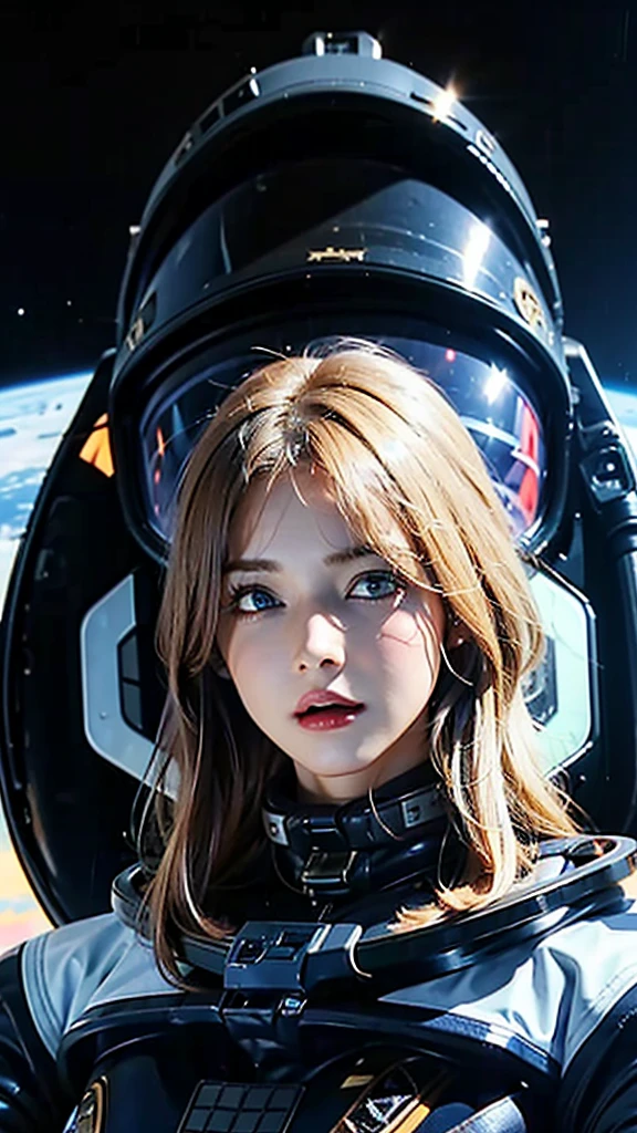 woman ,Golden white hair, blue eyes,,,((Black space suit:1.4)),((Upper Body))