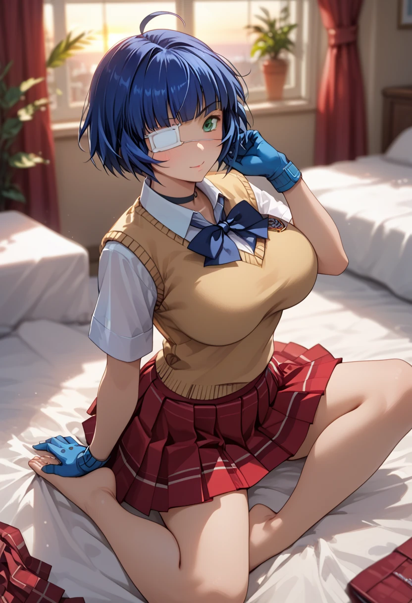 Young girl with blue hair,short straight hair and short bangs (purple eyes),, ((small bushy eyebrows)), wearing gothic ta clothing, loli, (medium large breast, breasts out of blouse), walking to school, bored look, bored face,,, (sitting with legs open lifting her skirt to show her vagina wet with semen),
