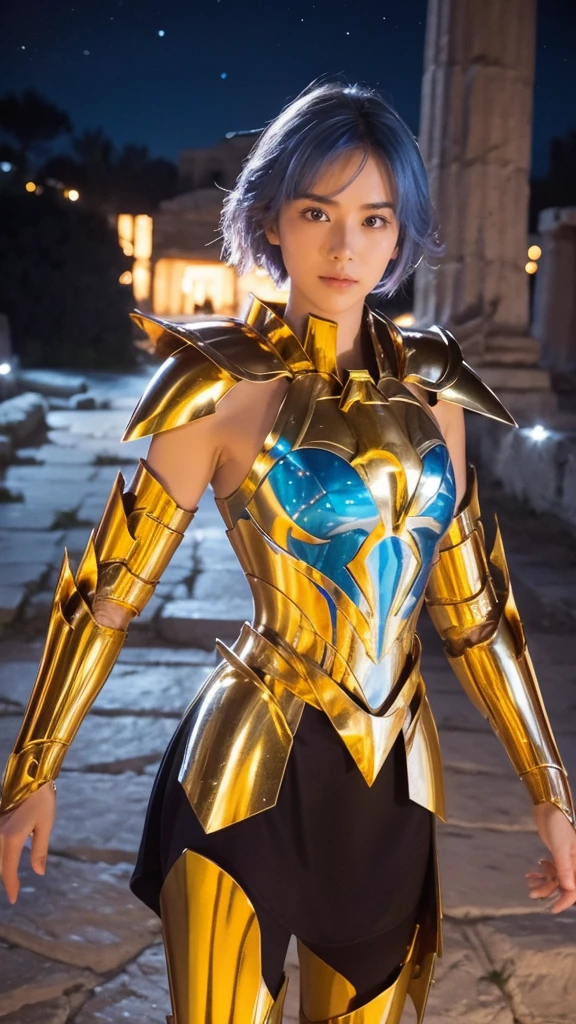 
(( 1 Woman ))) beautiful女性,     ultra-realistic photography with cutting-edge details by Camus, Greek ruins in the background.    walking in shiny shiny golden metal armor  , Saint Seiya Armor, (((Cancer Armor))), Short blue hair ,   tousled hair,   Active Poses, beautiful,   blue eyes,   sunburned skin, Every Little Detail , beautiful face with details, walking at the   ancient Greek  ,   ancient Greek  ,  super high resolution, 8k, milky way, Night Sky,   shoulder armor that overhangs large above the shoulders  , Wearing a golden helmet,  sexy armor  , 