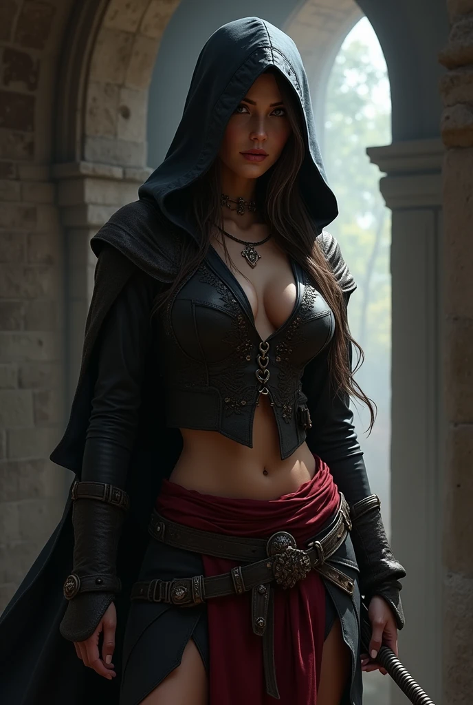 model shoot, (1 female), Islamic warrior, assassins creed, hyper realistic, super detailed, Dynamic shot, masterpiece, sharp scene details, perfect eyes, perfect skin, cleavage, medium breasts, perfect hands, fierce looking, mountains, terrain war, seductive smile, sexy, big buttocks, firm buttocks, big thighs, firm thighs, mini skirt,