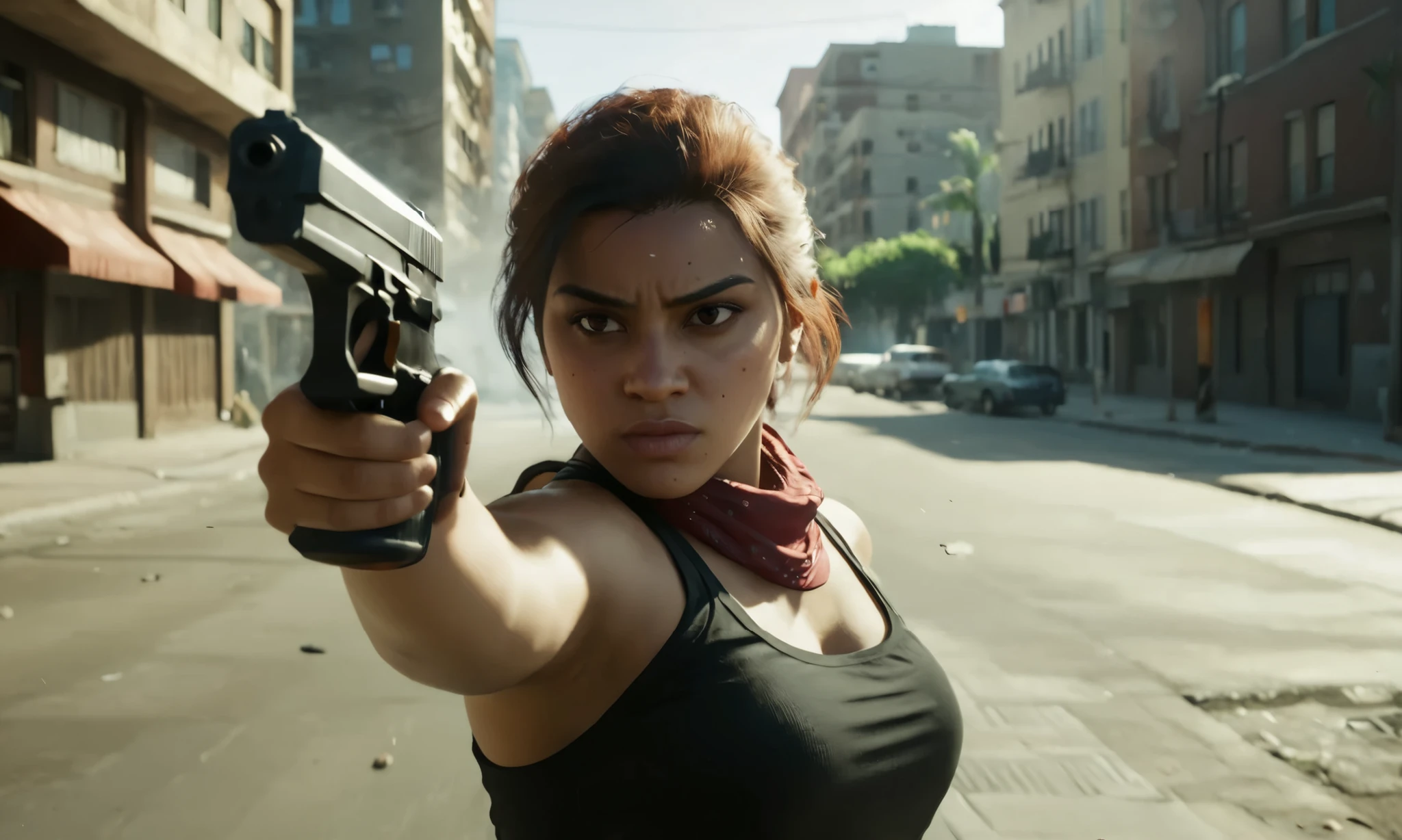 Visualize a dramatic scene set during the daytime where a young woman titled 'LuciaGTA6SDXL', is holding a gun. Her expression is intense and focused, with sunlight casting strong shadows across her determined face. The backdrop is urban, with buildings and street signs adding to the gritty atmosphere. Capture the tension in her stance and the firm grip on the weapon, suggesting readiness for action. The scene should evoke a sense of urgency and suspense, drawing viewers into the intensity of the moment.