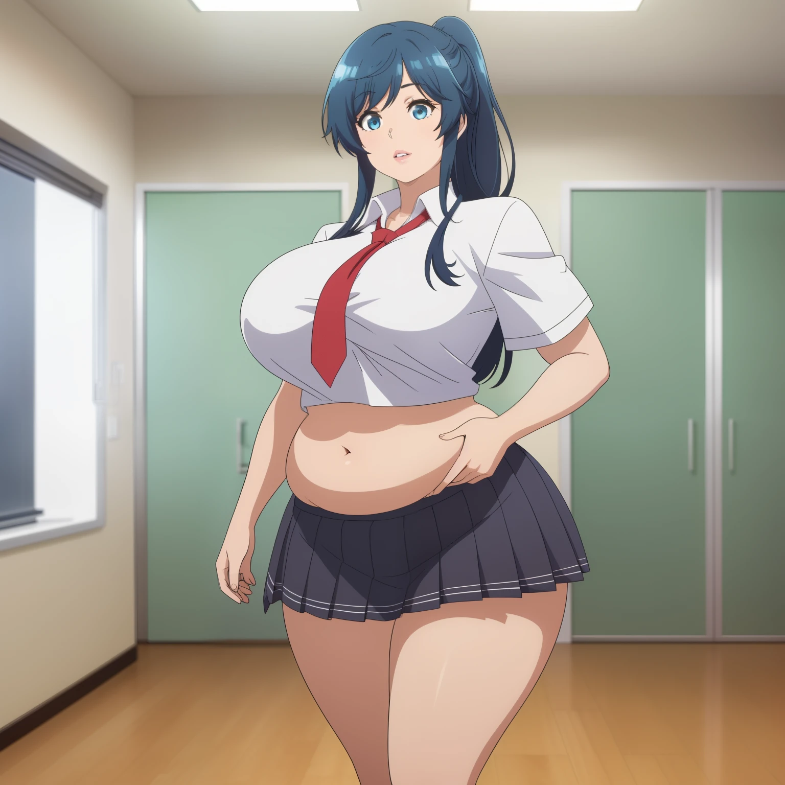 girl, solo, beautiful body, perfect body, nice body, (huge Breasts),

mi minami, blue hair, blue eyes, long hair, ponytail (school uniform:1.5), (pleated skirt:1.5), (miniskirt:1.5), short sleeve, tight, necktie, student shoes, white sock, walking, 



official art, extremely detailed CG unity 8k wallpaper, perfect lighting, Colorful, (best_quality:1.0), ultra high res,4K, ultra-detailed, 8K, HDR, high resolution,  absurdres:1.2, film grain, (vibrant_color:1.2), (narrow waist), huge breasts, (masterpiece:1.2), ((best quality:1.3)), ultra-detailed, ray-traced, high-fidelity textures, crisp focus, dynamic pose, dynamic art, dynmic angle, chubby, chubby girl, curvy, large breasts, lips, plump, thick thighs, thighs, (((oversized gigantic stomach)), curvy, large breasts, lips, plump, thick thighs, thighs, (((oversized gigantic stomach)), curvy, large breasts, lips, plump, thick thighs, thighs, (((oversized gigantic stomach)), waltzpurgis