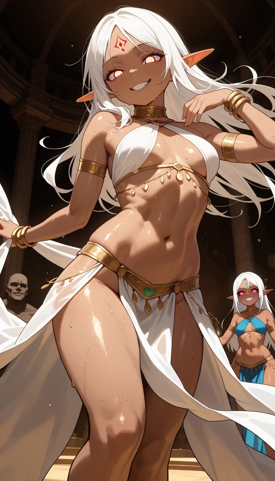 ((masterpiece)), (detailed), perfect face, high detailed eyes, elf, pointy ears, forehead mark, evil smile, white hair, tanned skin, dark skin, dancer, Sensual dance, sensual poses, sweaty skin, torrents of light, Frenzy, trance state, statuesque oblong-shaped face, vivacious eyes, strong hourglass physique, well-built, thick, and alluring, long  toned legs, belly dancer