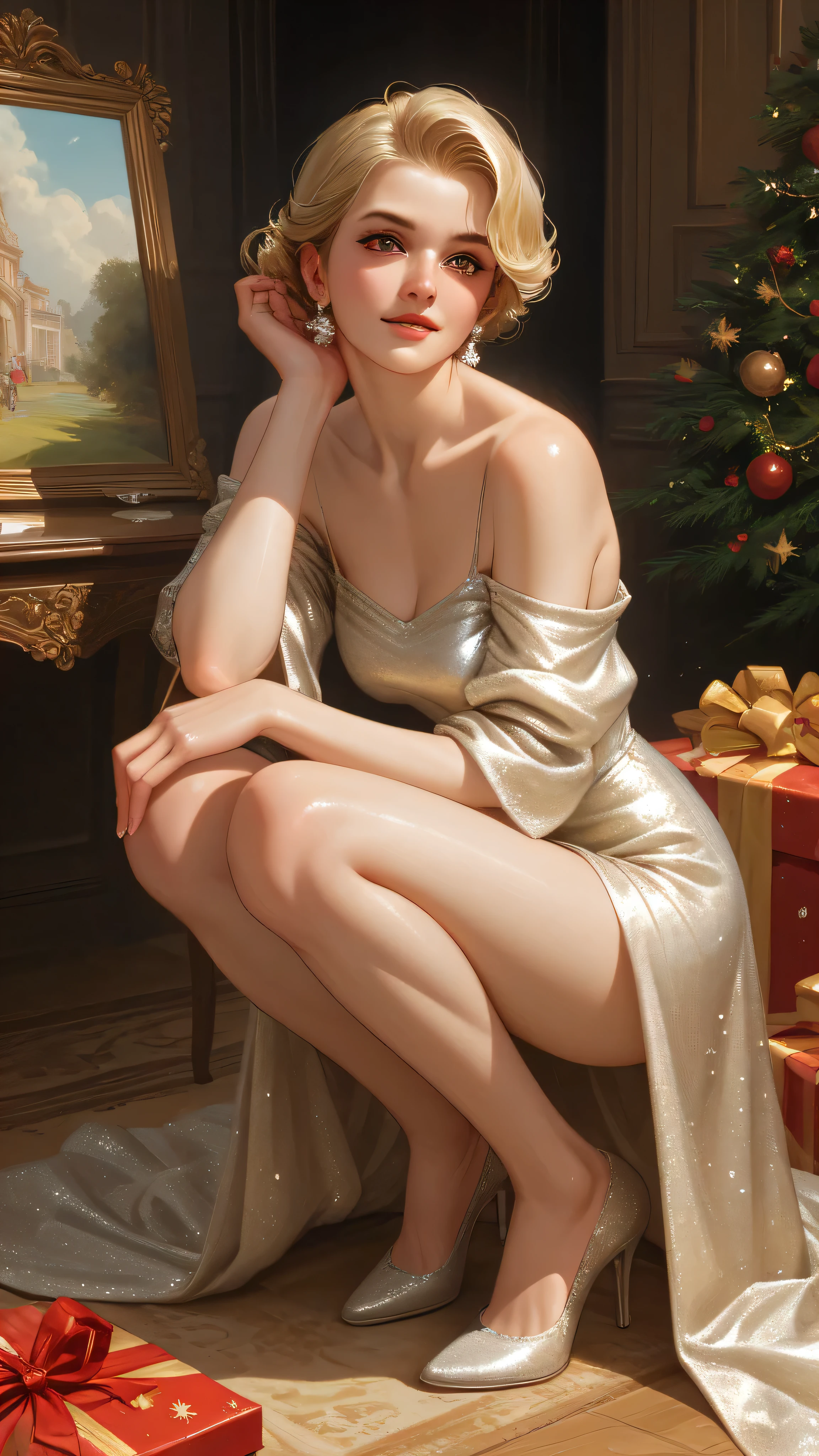 The elegant blonde in a sequined long dress squats sideways under the warm holiday lights, facing forward, with one hand naturally placed on her knee and her eyes looking straight ahead, showing a confident and noble temperament, surrounded by golden gift boxes decorated with ribbons, wearing shiny silver high heels on her feet, showing off her gorgeous outfit, creating a delicate and joyful holiday atmosphere, retro American heavy painting style