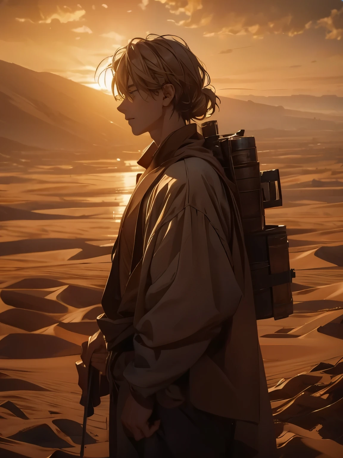 Rugged terrain、 Endless Horizon 、natural beauty、Environmental Portrait 、 Movie-like フレーミング、 A solo traveler traveling through a vast desert、砂漠の強い年老いたelder、 golden hour、 dramatic lighting 、 Movie-like 、 Gloomy Atmosphere 、 Movie-like 構成、Realistic、 very detailed、 Award-Winning Photos 、 Amazing Scenery、Epic Scale、 Dramatic Shadows 、Gorgeous lighting、 Awe-inspiring 、Breathtaking、 Dramatic Tension 、Lonely Person、Stunning depth of field 、Exquisite details、 Stunning realism 、 Impressive Contrast 、An exciting atmosphere、elder、 sunrise、 bright color、 Photographic Realism 、A stunning depiction