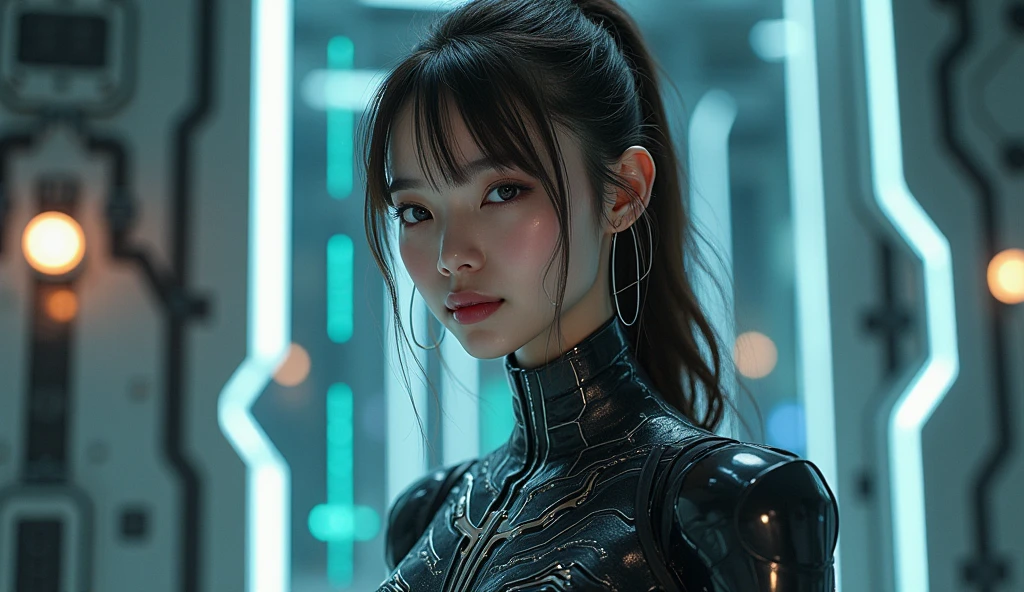 (Highest quality:1.2), 8k, High resolution, Octane Rendering, (masterpiece), Very super detailed, Japanese women become cyborgs, Very cute face, , Skinny body, Flat Chest, (Blue metallic mechanical frame:1.5), (The power cable is routed throughout the body.), detail up, Instead of hair, A cable extends from it, Mechanical fusion, Machine skeleton, Biomechanics, Mechanical life forms, Very intricate details, Extremely realistic texture, Human-like skin, Realistic hair, ultra Realistic details, Professional Lighting, (Realistic:1.4), (RAW Photos:1.2), (photoRealistic:1.37)