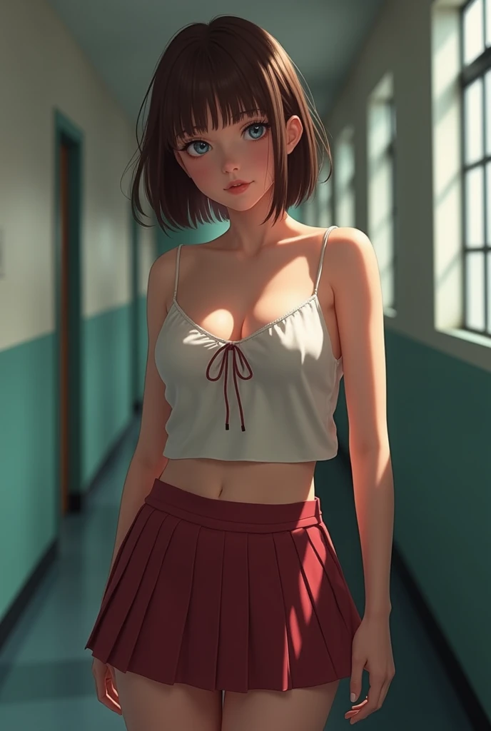 1 girl, teenage, skinny, Chinese, open lips, cosmetic, classroom, light, glow, thigh, clavicle, (masterpiece), wallpaper, worried