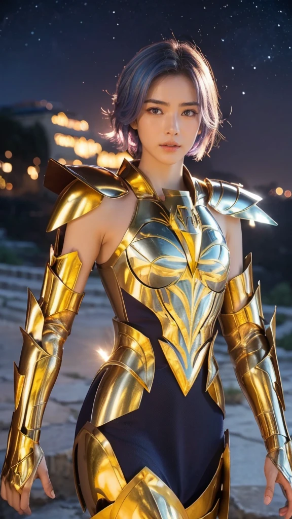 
(( 1 Woman ))) beautiful女性,     ultra-realistic photography with cutting-edge details by Camus, Greek ruins in the background.    walking in shiny shiny golden metal armor  , Saint Seiya Armor, (((Cancer Armor))), Short blue hair ,   tousled hair,   Active Poses, beautiful,   blue eyes,   sunburned skin, Every Little Detail , beautiful face with details, walking at the   ancient Greek  ,   ancient Greek  ,  super high resolution, 8k, milky way, Night Sky,  large shoulder armor , Wearing a golden helmet,  sexy armor  , 