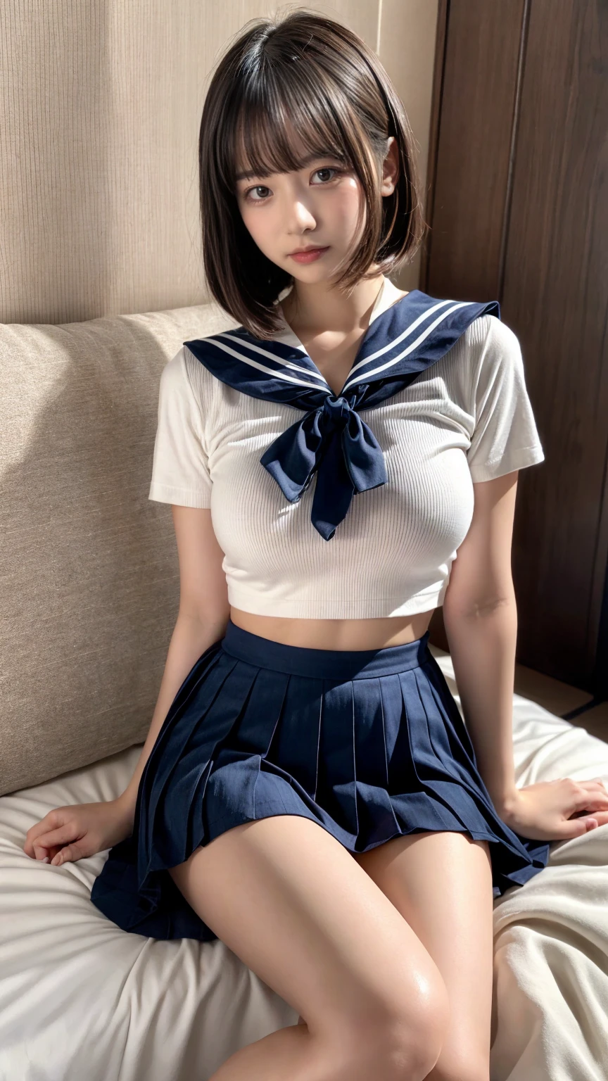 masterpiece, best quality, illustration, Super detailed, fine details, High resolution, 8K,wall paper, perfect dynamic composition,(Details High quality, realistic depiction of eyes:1.3), Black Sailor Uniform, serafuku, Navy pleated skirt, sitting, open legs, short bob hair, in a hotel room in the background, deep on field, large breasts, black hair color, Big Natural Color Lip, (perfect body shape), crying a little、Harajuku style、20 year old girl、cute type、beautiful legs, Gravure Idol