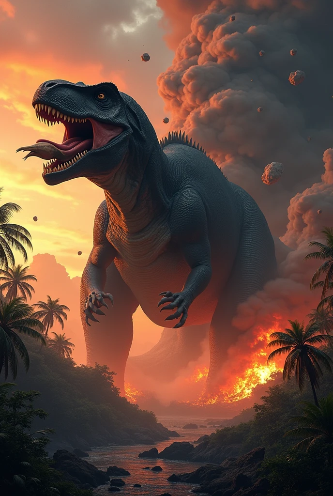 A big and denger black dinosaur huge belly is eating roaring which background has fired jungle and volcano and fall the asteroids from the sky 
