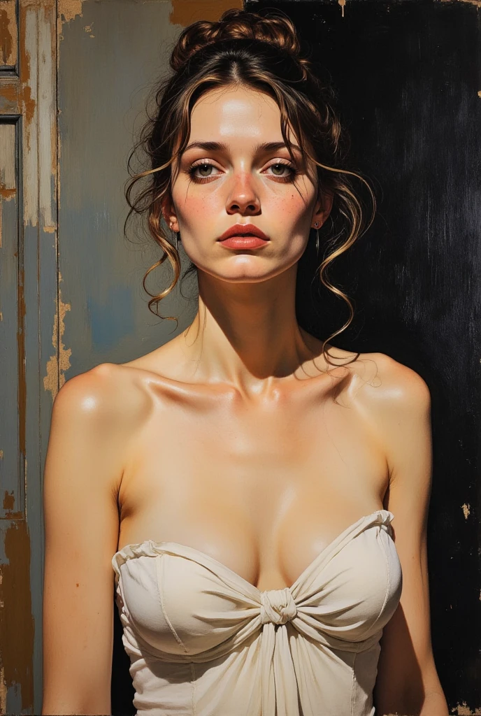 A delicate, watercolor paint picture portrays, a nude beautiful Natalie Portman look,  medium breasts, standing bare feet without background, her features rendered in subtle shading and precise lines. The framing is tight, focusing attention on the subject's serene face. Soft, feathery strokes convey the gentle texture of her hair,