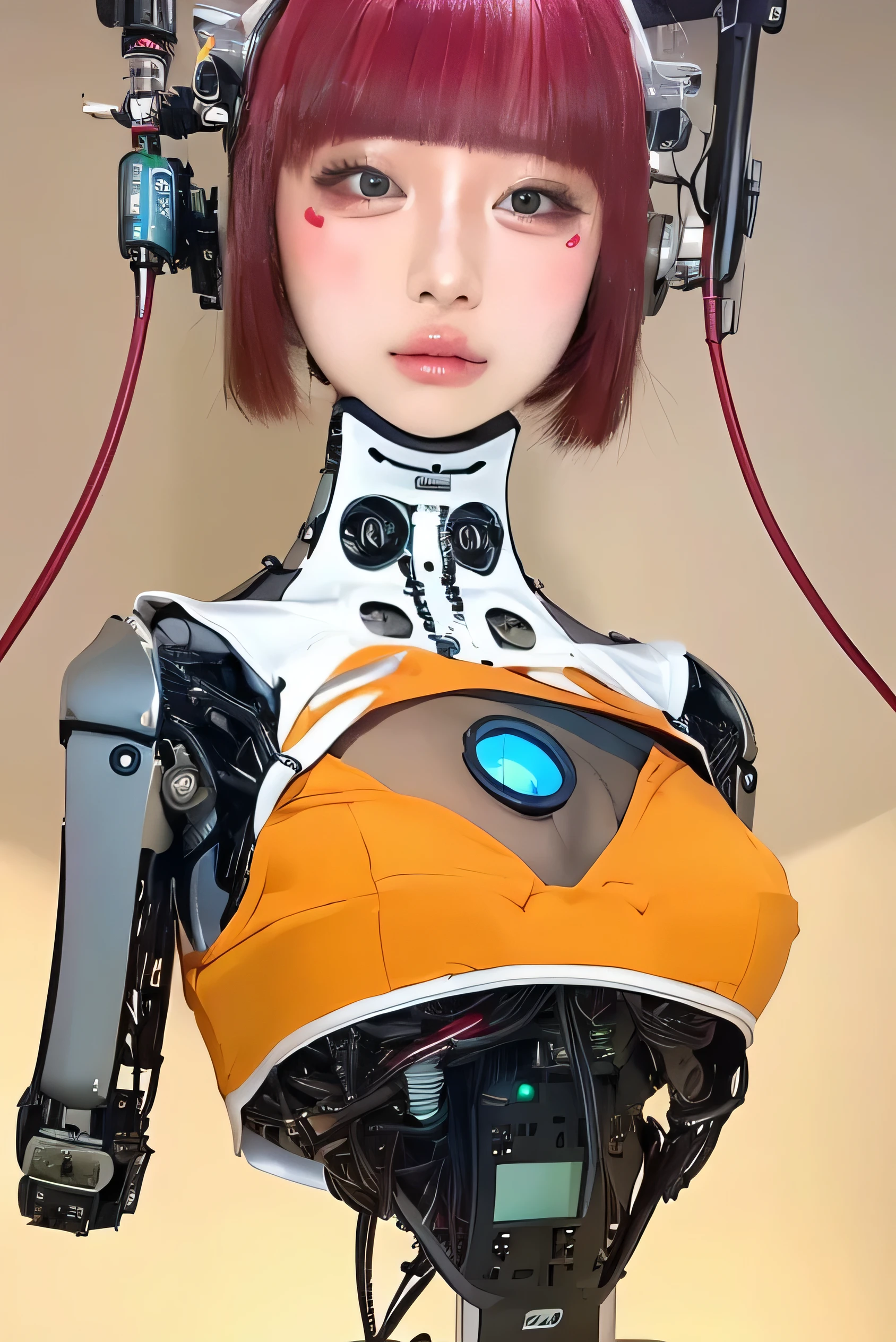 masterpiece, best quality, extremely detailed,portrait,front view,Japaese android girl,Plump,race queen costume, control panels,android,Droid,Mechanical Hand, Robot arms and legs,Blunt bangs,long tube,thick cable connected her neck