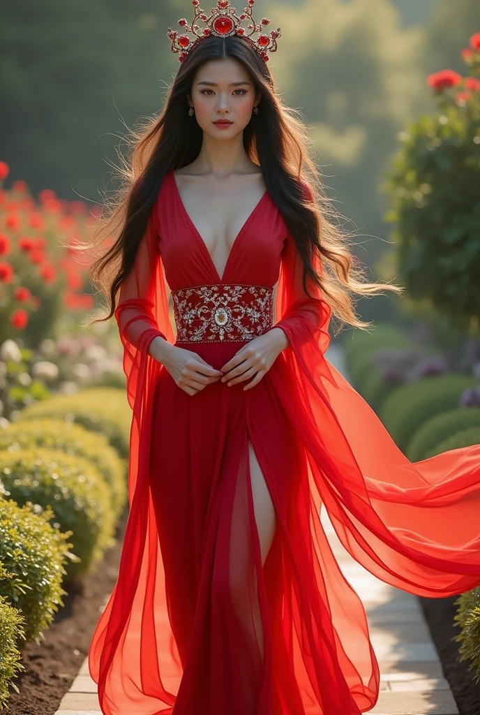 ((realistic)) ((highly detailed)) a slim young beautiful girl in scarlet dress, standing in middle of busy city in broad dayight. sun beam ((background blurred)) people in background.