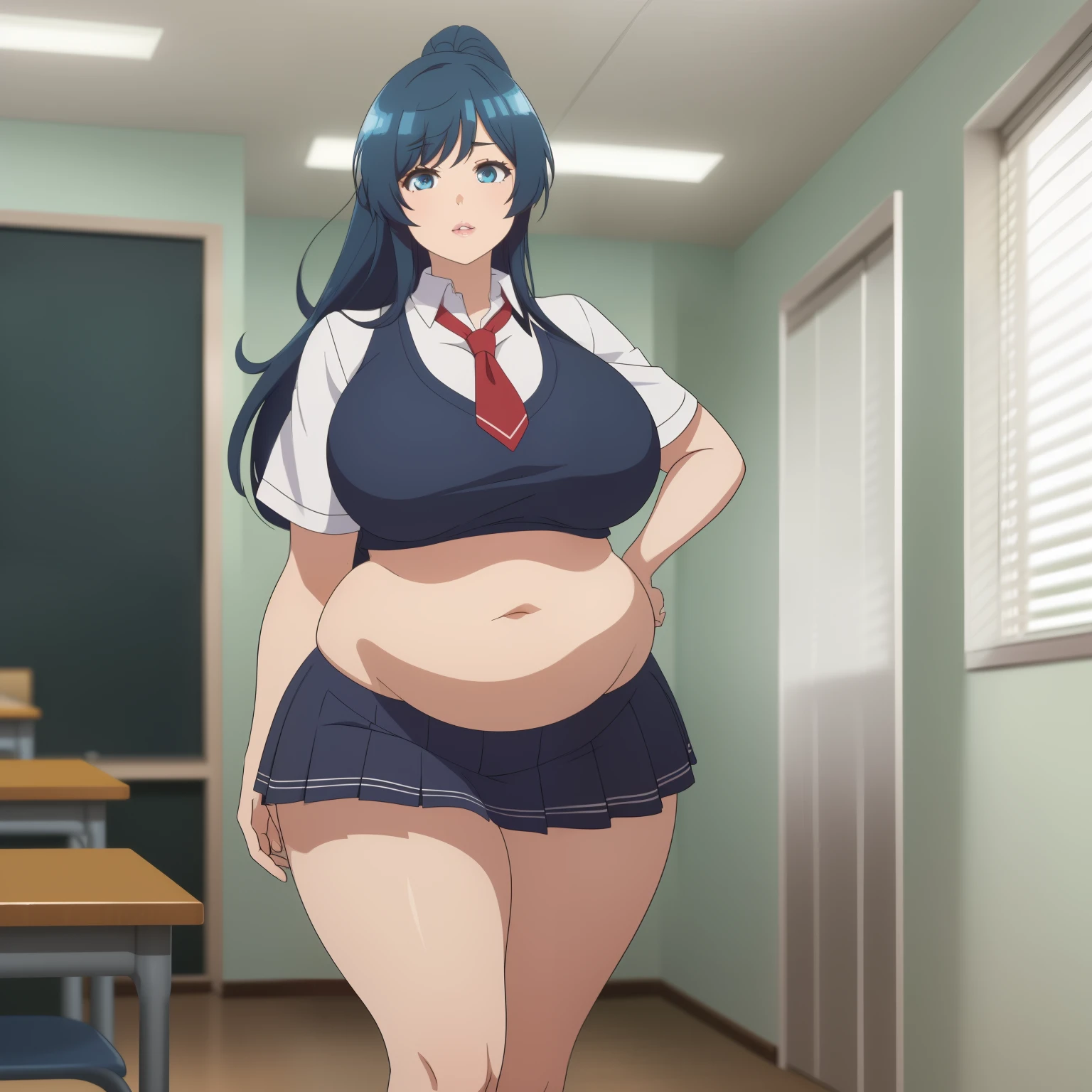 girl, solo, beautiful body, perfect body, nice body, (huge Breasts),

mi minami, blue hair, blue eyes, long hair, ponytail (school uniform:1.5), (pleated skirt:1.5), (miniskirt:1.5), short sleeve, tight, necktie, student shoes, white sock, walking, 



official art, extremely detailed CG unity 8k wallpaper, perfect lighting, Colorful, (best_quality:1.0), ultra high res,4K, ultra-detailed, 8K, HDR, high resolution,  absurdres:1.2, film grain, (vibrant_color:1.2), (narrow waist), huge breasts, (masterpiece:1.2), ((best quality:1.3)), ultra-detailed, ray-traced, high-fidelity textures, crisp focus, dynamic pose, dynamic art, dynmic angle, chubby, chubby girl, curvy, large breasts, lips, plump, thick thighs, thighs, (((oversized gigantic stomach)), curvy, large breasts, lips, plump, thick thighs, thighs, (((oversized gigantic stomach)), curvy, large breasts, lips, plump, thick thighs, thighs, (((oversized gigantic stomach)), waltzpurgis