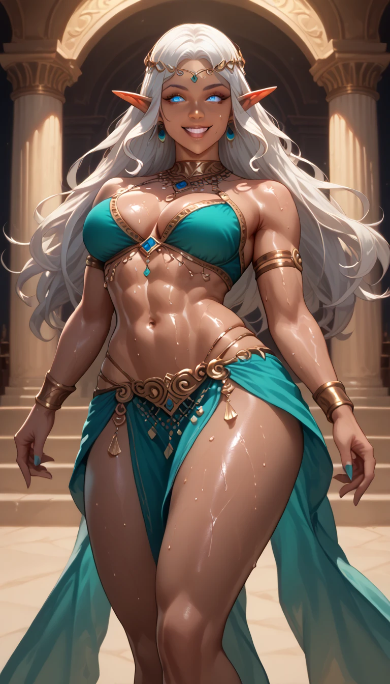 ((masterpiece)), (detailed), perfect face, high detailed eyes, elf, pointy ears, forehead mark, evil smile, white hair, tanned skin, dark skin, dancer, Sensual dance, sensual poses, sweaty skin, torrents of light, Frenzy, trance state, statuesque oblong-shaped face, vivacious eyes, strong hourglass physique, well-built, thick, and alluring, long  toned legs, belly dancer