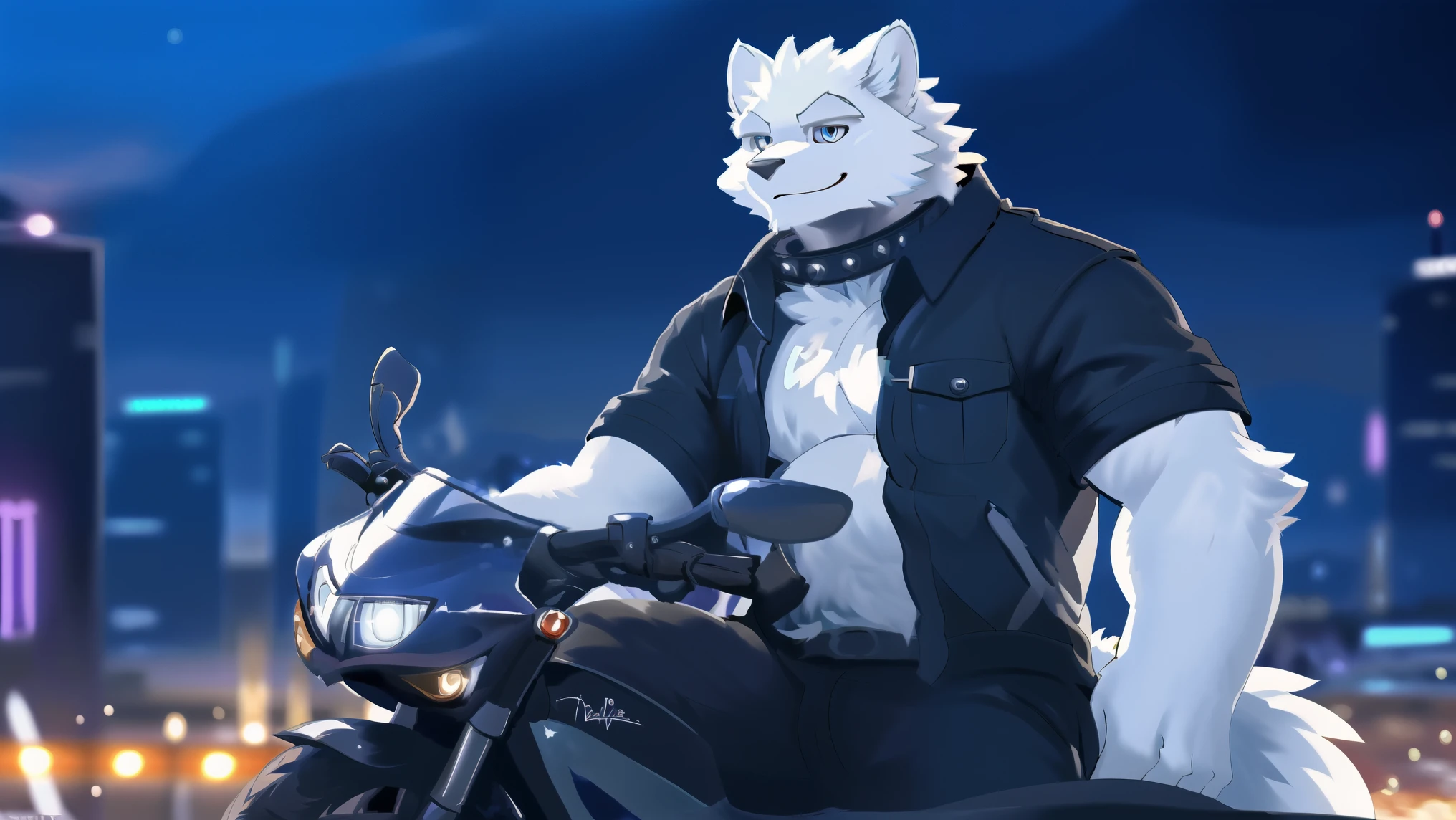 ((all white fur:1.5)), solo, Perfect sky blue eyes, Spike Collar, (artist:Takemoto Arashi), Mature face, elder, longeyelashes, Wearing actical functional work colthing|Black pants, ((Thin and tall figure)), Leaning next to the motorcycle, City night background, barefoot, fang out, Smile evilly, Cyberpunk, Eye details, first-person view, from side, atmospheric perspective, super detail, high details, 8k